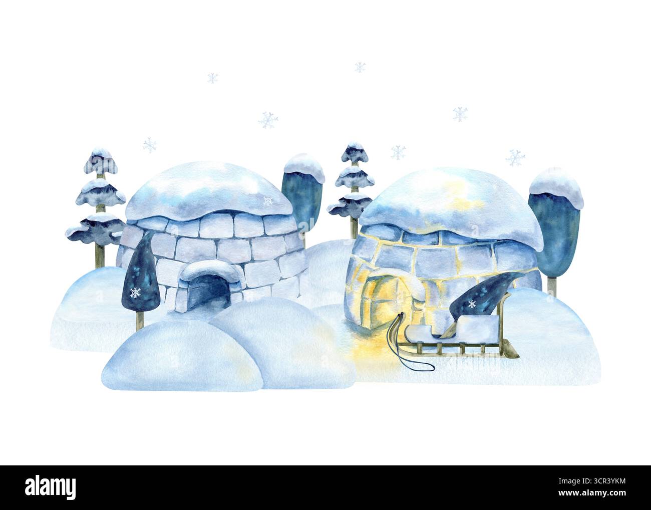 Wasserfarben-Winterlandschaft mit Iglu, Schneewehen, Wald und Holzschlitten. Illustration der Schneelandschaft, Schneefall, Inuit Eishaus mit Beleuchtung. Für Stockfoto