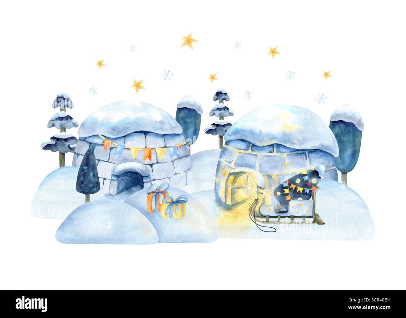 Weihnachten Winter nahtlose Muster, Iglu, Schneeschwehung, Feiertagslandschafthintergrund. Wasserfarben Eishaus, Schlitten, Schneemann, Silvester Landschaft, Schneefall und Stockfoto