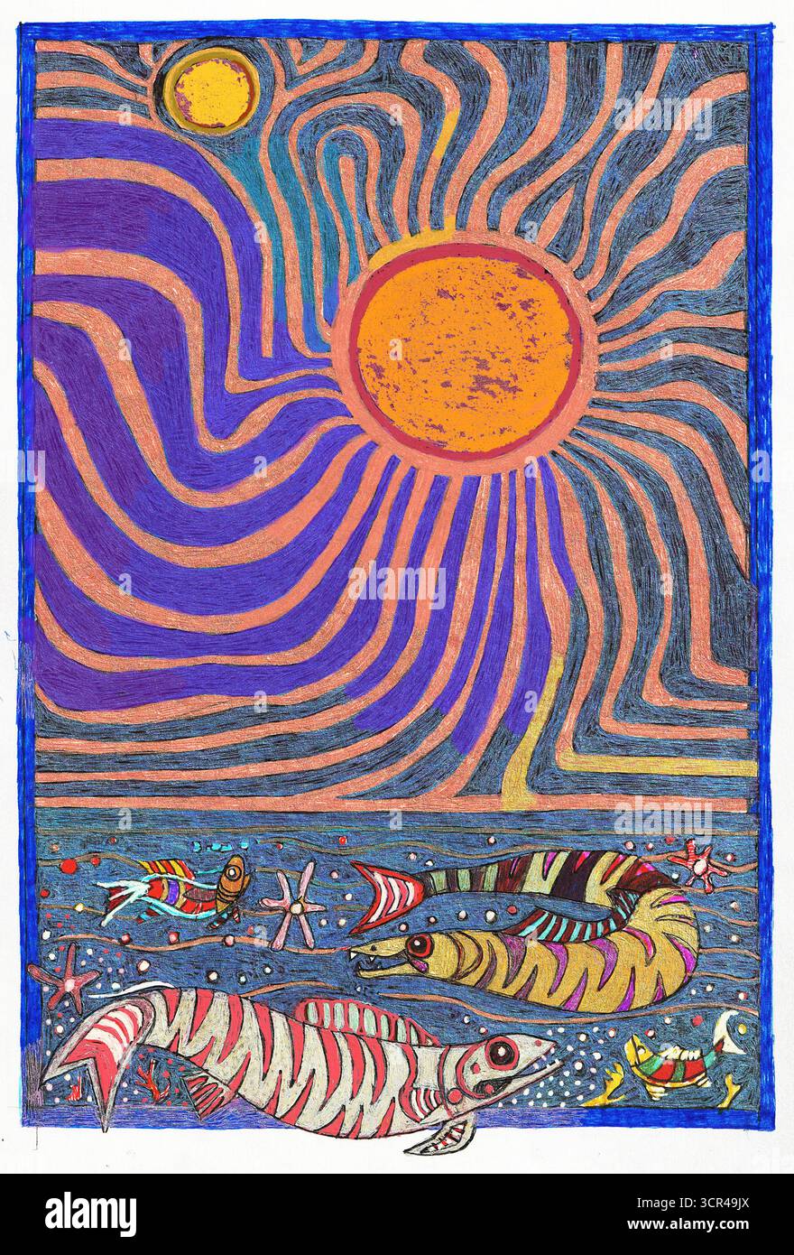 Lebendige abstrakte Kunst mit Sonne, wirbelnden Mustern und bunten Fischen im Meer. Stockfoto