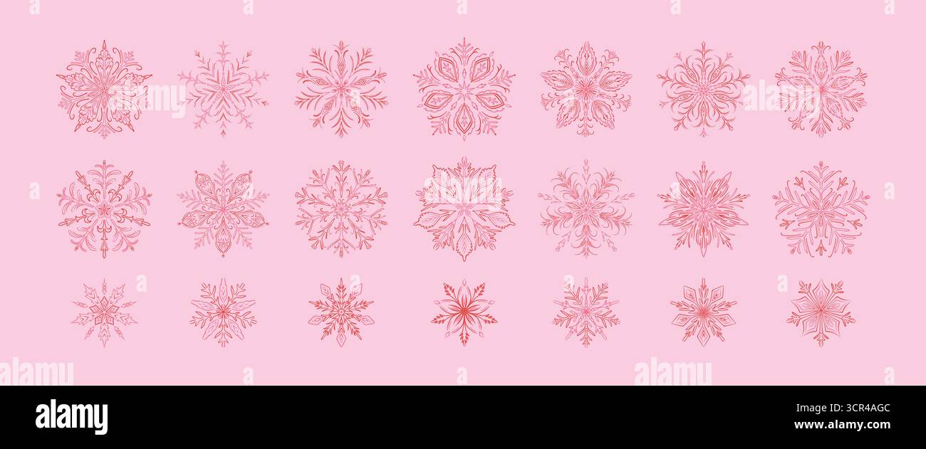 Set mit pinken, mädchenhaften Schneeflocken-Symbolen. Filigrane skurrile handgezeichnete Vektorillustration im Coquette-Stil. Große Sammlung verschiedener niedlicher viktorianischer La Stock Vektor