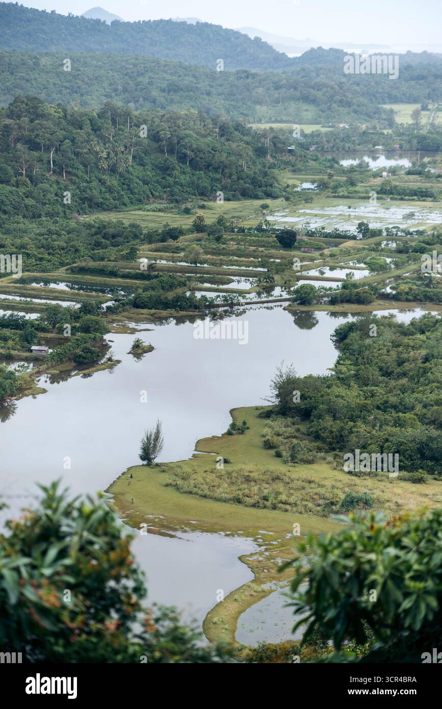 Grüne Landschaft mit einem Fluss, der sich durch üppige grüne Wälder und ferne Hügel schlängelt. Aceh Jaya Regency, Aceh, Sumatra, Indonesien Stockfoto