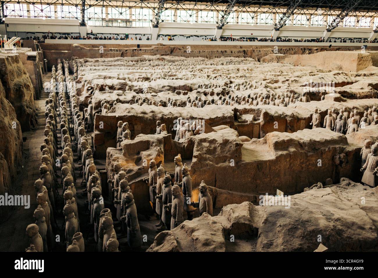 Reihen antiker Tonkrieger in einer archäologischen Ausgrabungsstätte unter einem großen Baldachin. Provinz Shaanxi, China Stockfoto