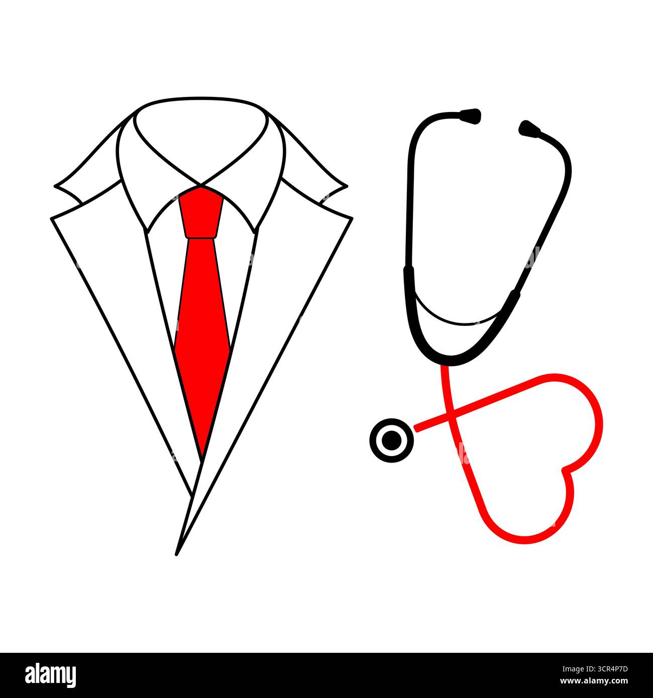 Doktor Coat mit roter Krawatte und herzförmiger Stethoskop-Illustration. Perfekt für Krankenhaus-Branding, medizinische Präsentationen, Gesundheitsbewusstseinskampagnen. Stock Vektor