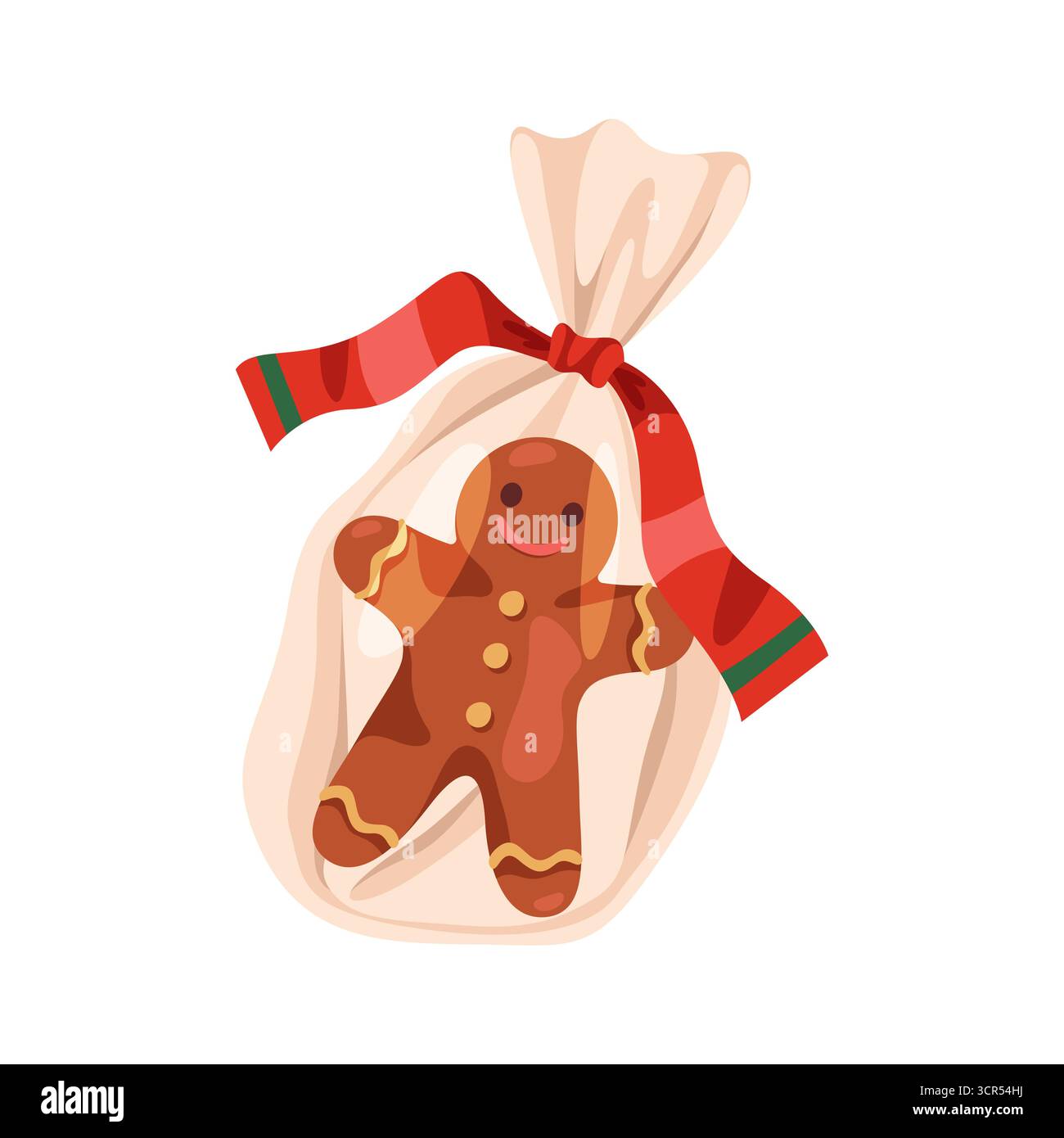 Lebkuchensymbol. Vektor-Neujahr oder Weihnachtskeks in Form eines Menschen. Flache Cartoon-Süßwaren für Winterferien oder festliche Desserts. Bäckerei und Gebäck mit Band, Weihnachtsgeschenk und süß mit Schleife. Stock Vektor