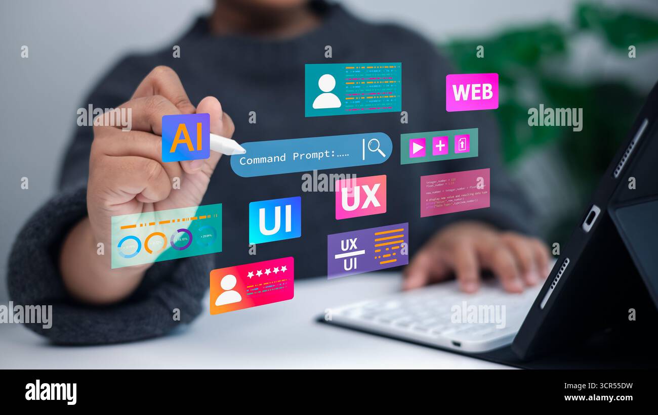 Designer verwenden ein Tablet mit virtuellen UI-UX-, KI- und Web-Entwicklungssymbolen. Konzept für digitales Design, Benutzererfahrung, Schnittstellenerstellung und modernes Design Stockfoto