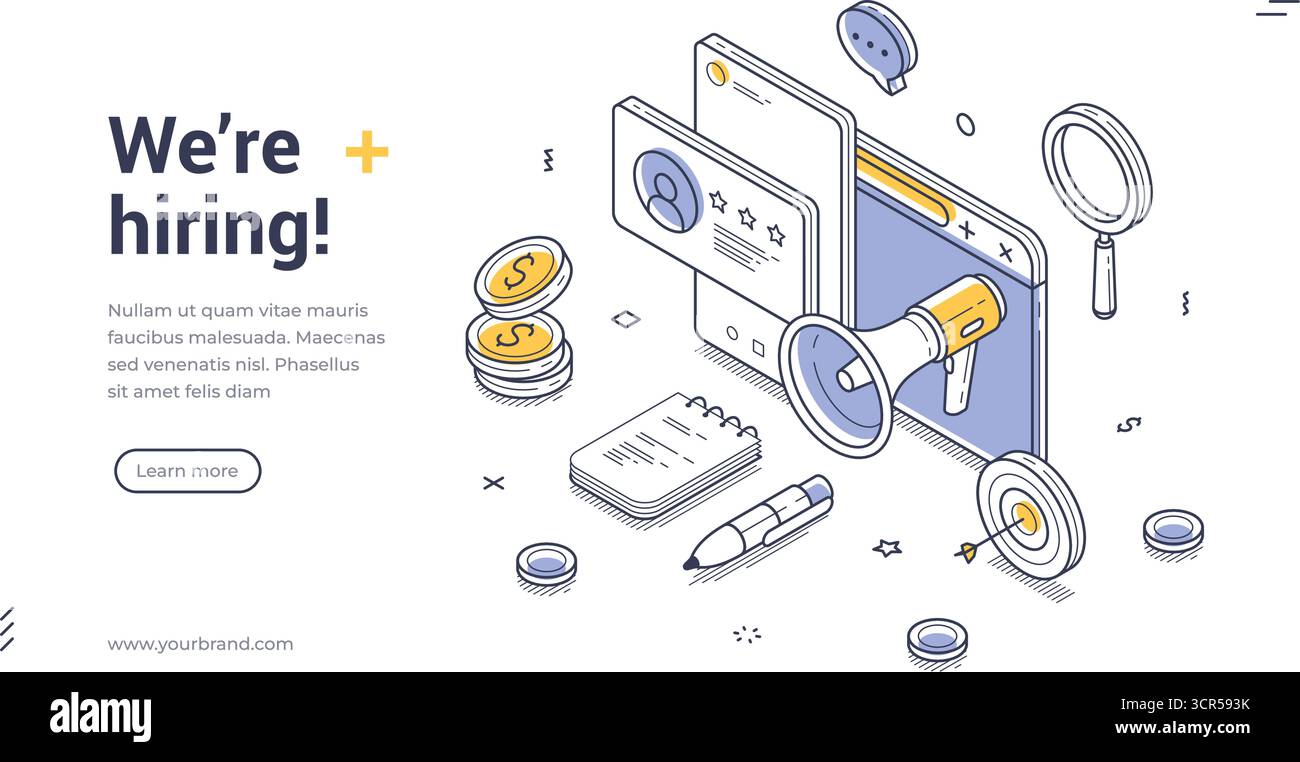Wir stellen HR freie Stelle Internet-Förderung isometrische Webbanner Design Vorlage Linie Vektor Illustration ein. Personalrekrutierung Stock Vektor