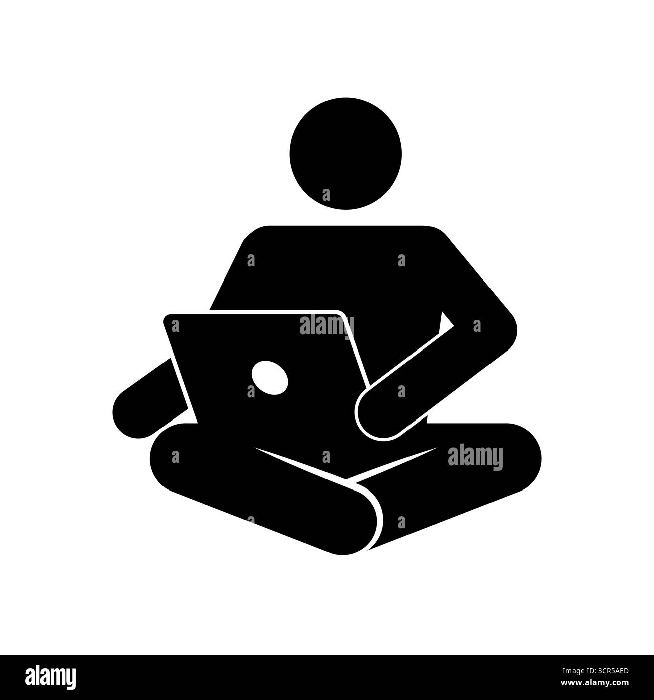 Schwarz-weiße Stabfigur Vektor-Illustration einer Person, die im Kreuz mit einem Laptop sitzt. Konzept von Fernarbeit, Studium, Freiberuflichkeit und Onlin Stock Vektor