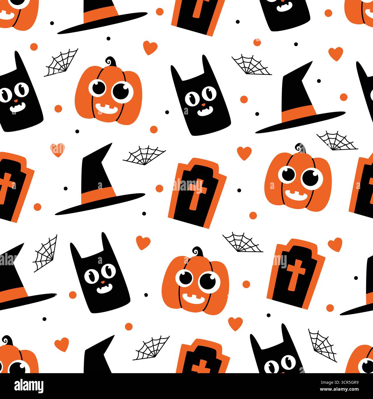 Verspieltes und niedliches Halloween nahtloses Muster auf weiß mit Kürbissen, schwarzen Katzen, Hexenhüten, Grabsteinen und Spinnennetzen, ideal zum Einpacken von Papier. Stock Vektor