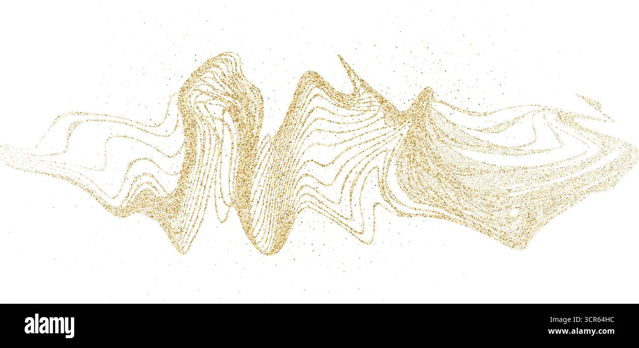 Goldenes gekrümmtes, gestricheltes Gefälle mit kleinen Partikeln. Dynamische goldene Wellen. Abstrakter Stipple-Flow, strahlendes, welliges Muster. Vektor-Urlaub gepunktete Fliege Stock Vektor