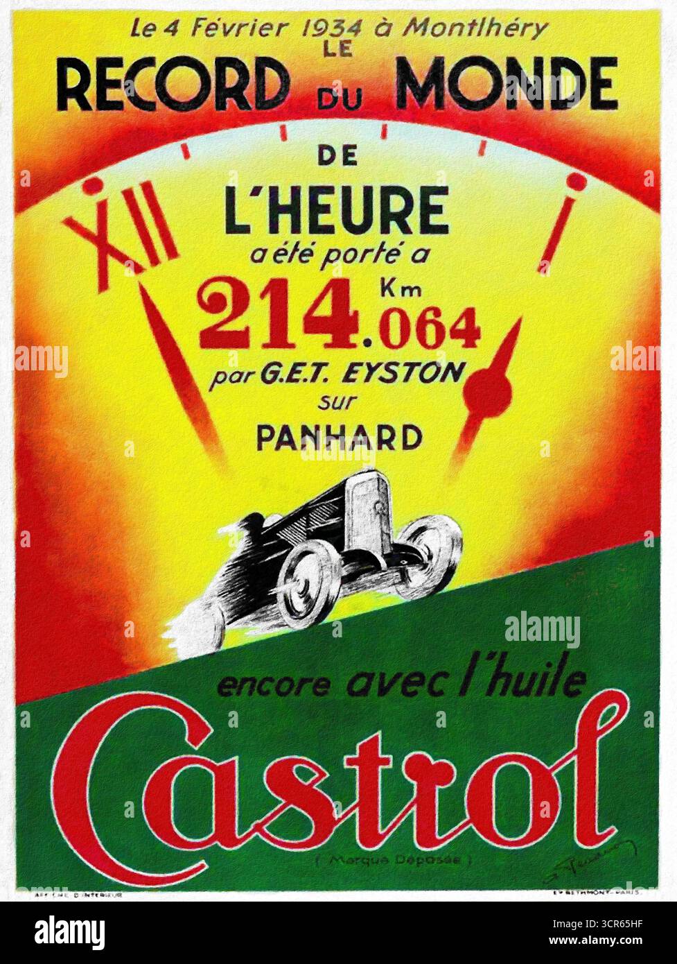 Vintage Castrol Poster - George Eyston fährt einen Panhard & Levassor 35CV. Stockfoto
