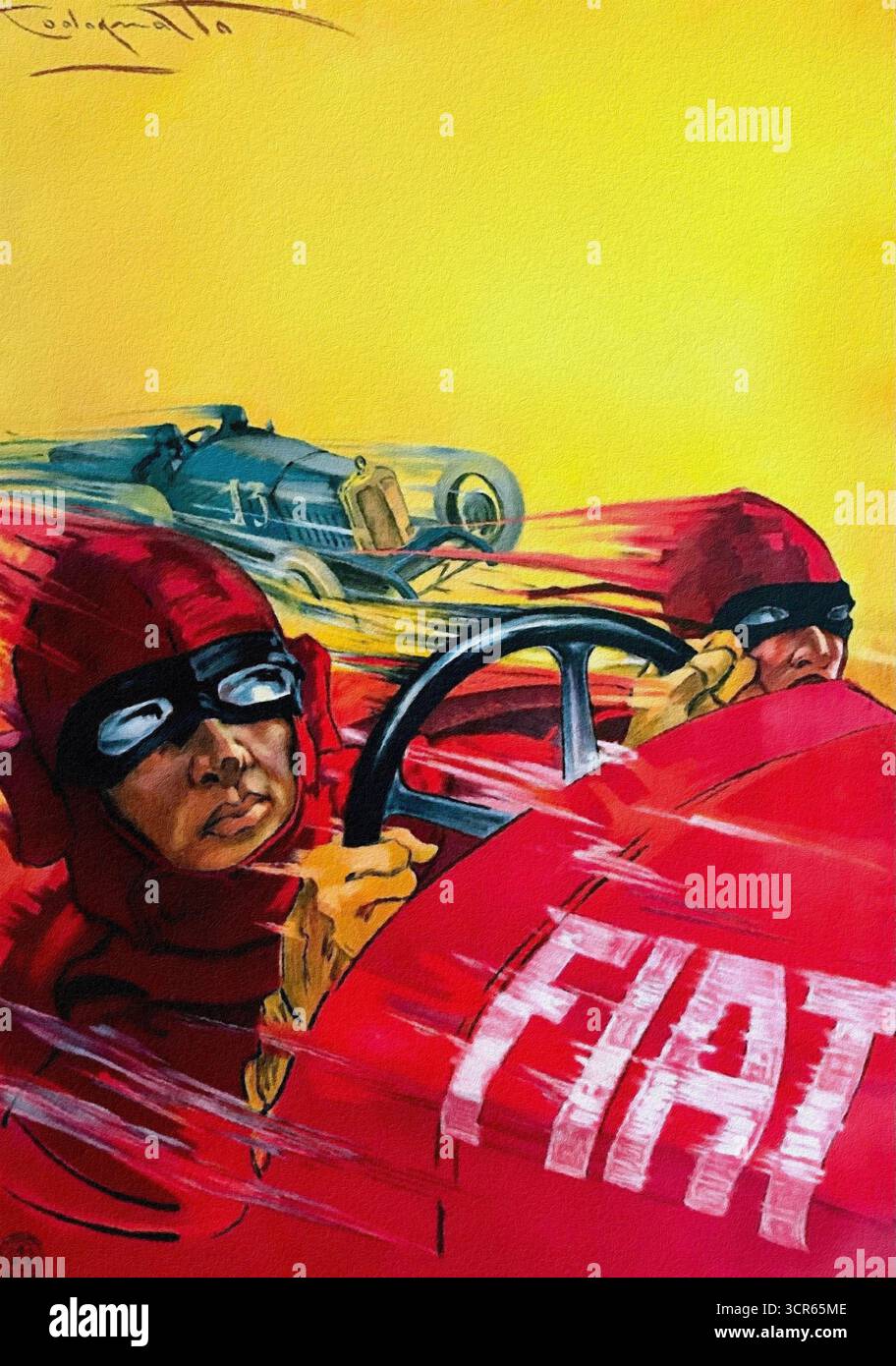 FIAT 805, Gran premio d’Europa, Monza 1923. Vintage-Poster von Plinio Codognato. Stockfoto
