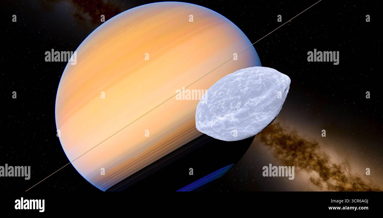 Epimetheus ist ein kleiner, kartoffelförmiger Saturnmond mit einer Krateroberfläche, die im Ringsystem des Planeten umkreist. Stockfoto