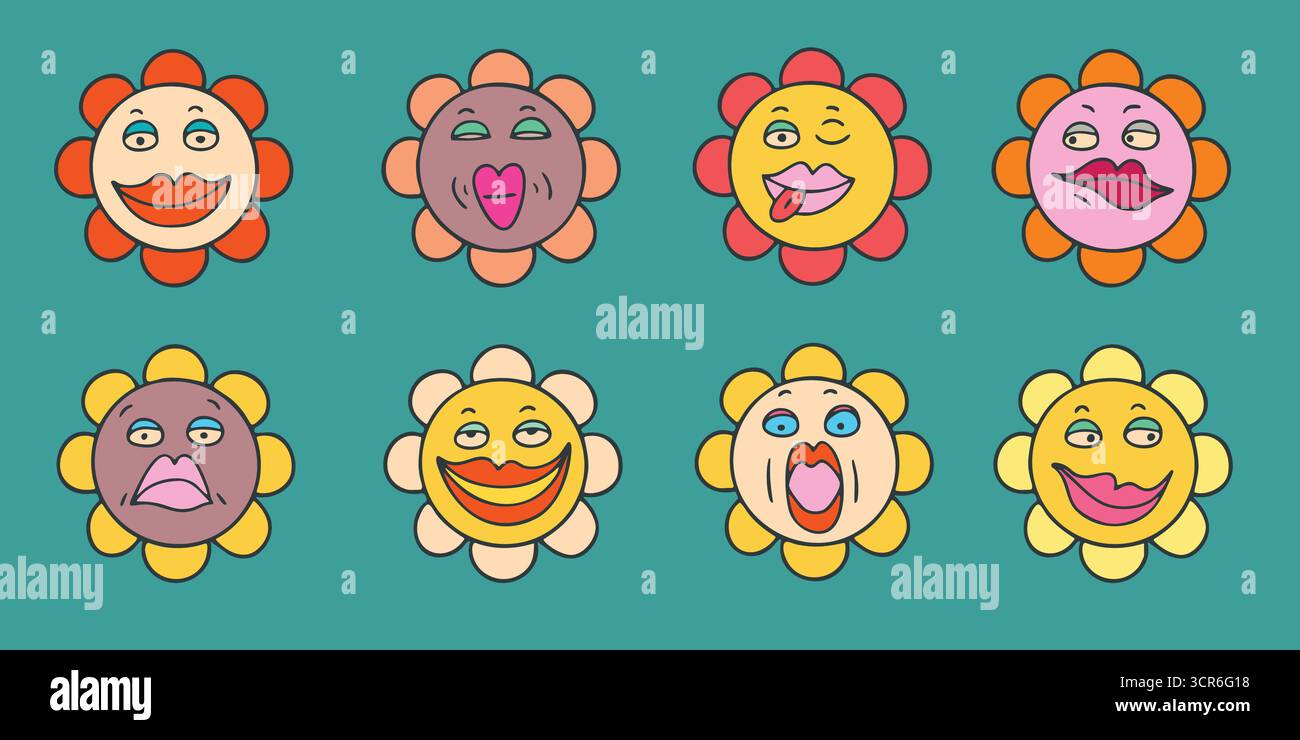 Groovige Daisies mit lustigen Gesichtern auf blauem Hintergrund Stock Vektor