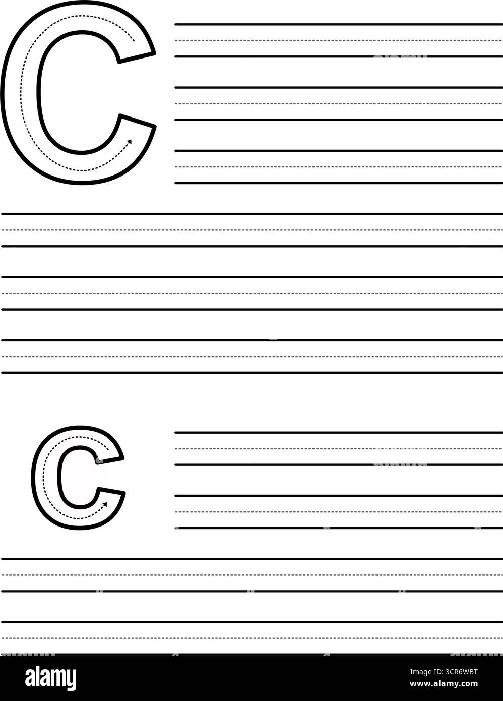 Nachverfolgungsbogen für das Schreiben von Groß- und Kleinbuchstaben C. Arbeitsblatt für Schüler, die Alphabet üben. Trainingspad mit gepunkteten Führungsreihen Stock Vektor