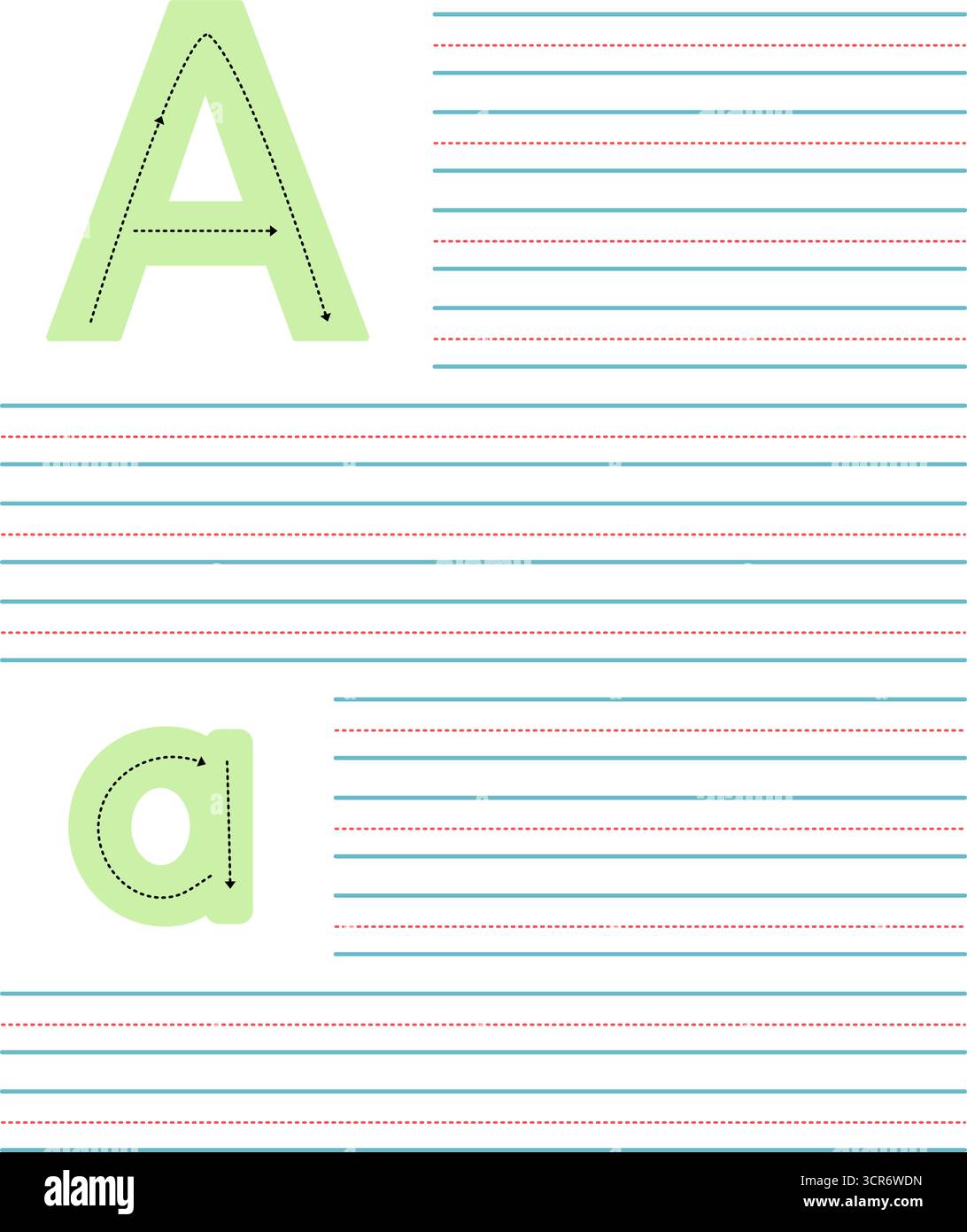 Farbenfrohes Tracing-Arbeitsblatt zum Schreiben von Groß- und Kleinbuchstaben A. Lernaktivität mit Leitlinien zum Üben des Alphabets Stock Vektor