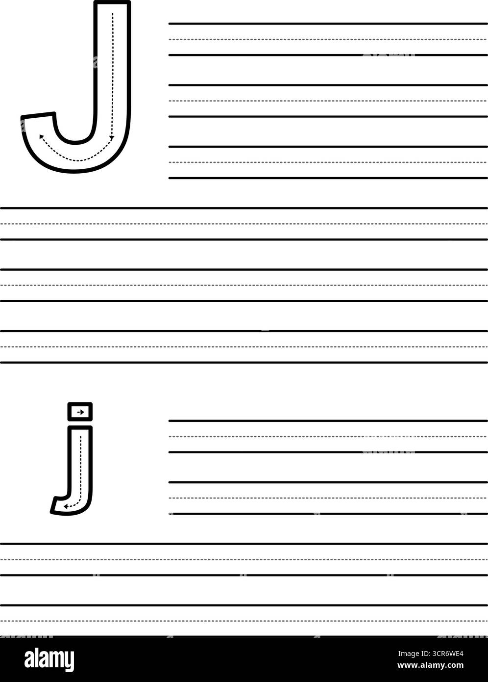 Lernblatt zum Schreiben von Groß- und Kleinbuchstaben J. Arbeitsblatt für Schüler, die Alphabet üben. Trainingspad mit gepunkteten Führungsreihen Stock Vektor