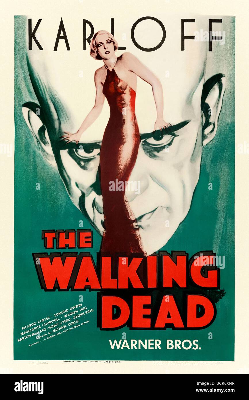 The Walking Dead (1936) von Michael Curtiz mit Boris Karloff, Ricardo Cortez und Marguerite Churchill. Ein zu Unrecht hingerichteter Mann wird von einem Wissenschaftler wiederbelebt, der aus dem Tod zurückkehrt, um Gerechtigkeit zu suchen. Foto eines vollständig restaurierten Originalposters mit Leinenrücken aus dem Jahr 1936 (US-1-Blatt-Poster) NUR ZUR REDAKTIONELLEN VERWENDUNG. Kredit: BFA / Private Collection / Warner Bros Stockfoto