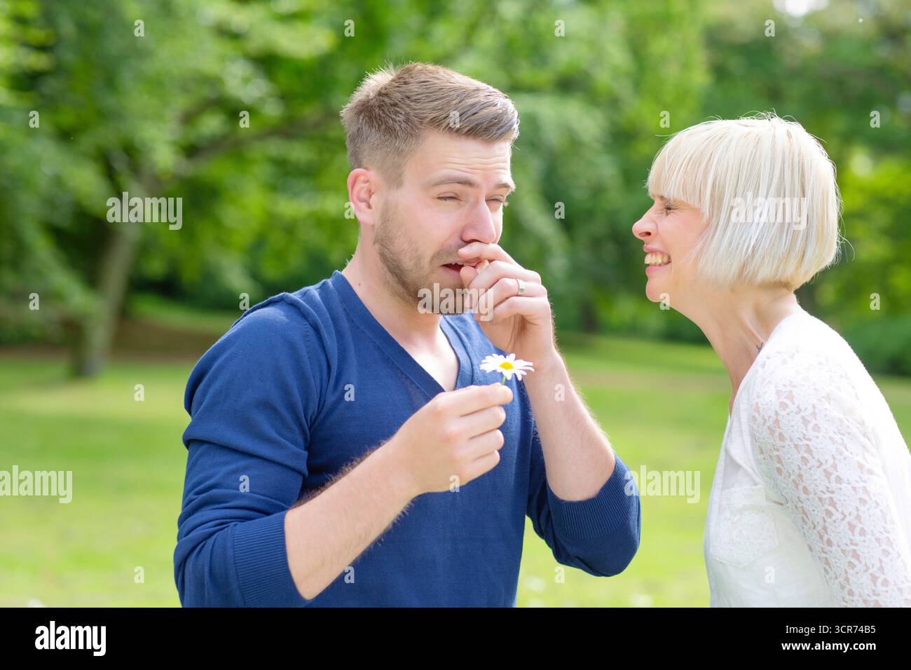 Ein verliebtes Paar steht auf einer Wiese. Er muss ein Gänseblümchen aussuchen und niesen Stockfoto