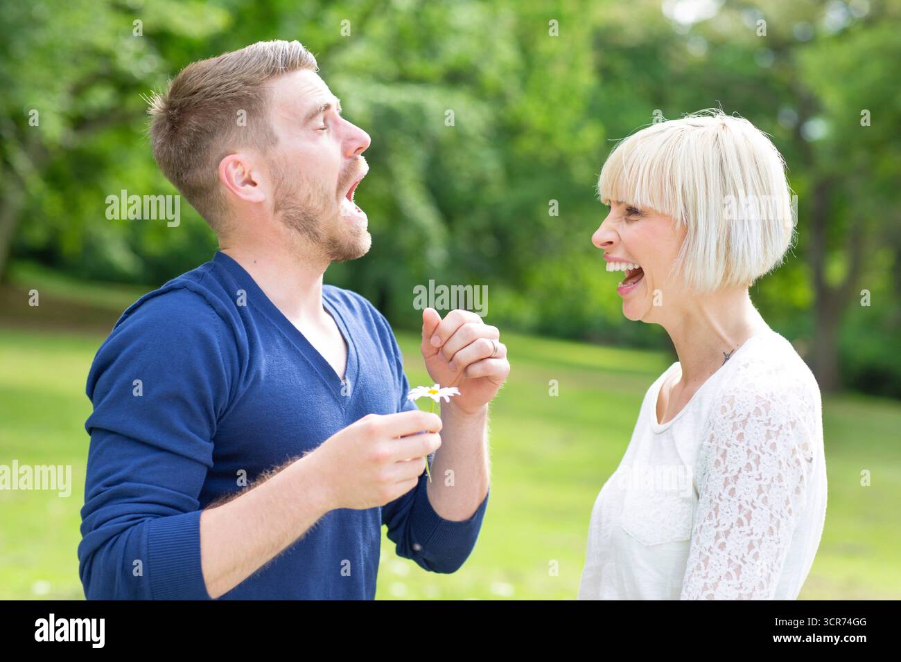 Ein verliebtes Paar steht auf einer Wiese. Er muss ein Gänseblümchen aussuchen und niesen Stockfoto