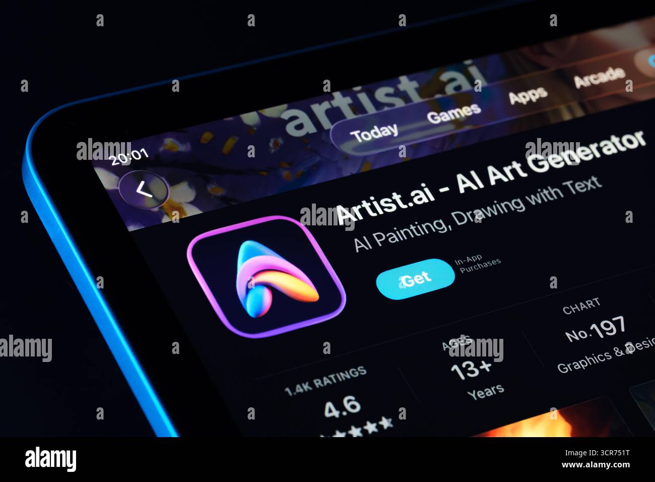 Artista AI Art Generator im iPad App Store im Apple Liquid Glass-Stil in iOS 26 mit neuen abgerundeten Glasplatten. Stafford, Vereinigtes Königreich, Septem Stockfoto