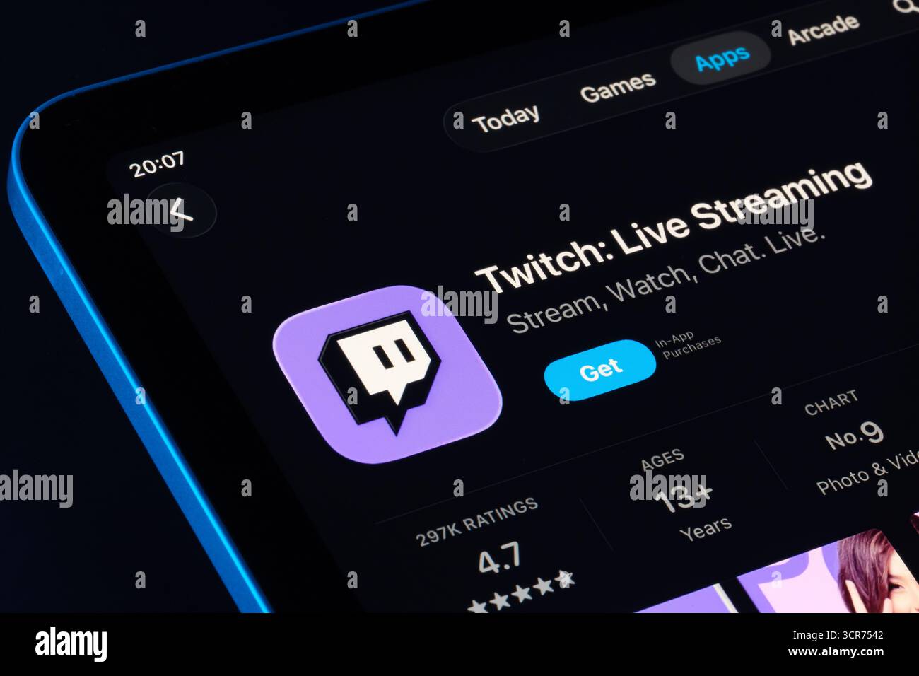 Twitch im iPad App Store mit Apple Liquid Glass Design in iOS 26, aktualisierter Benutzeroberfläche und Symbol abgebildet. Stafford, Vereinigtes Königreich, 29. September 2025. Stockfoto