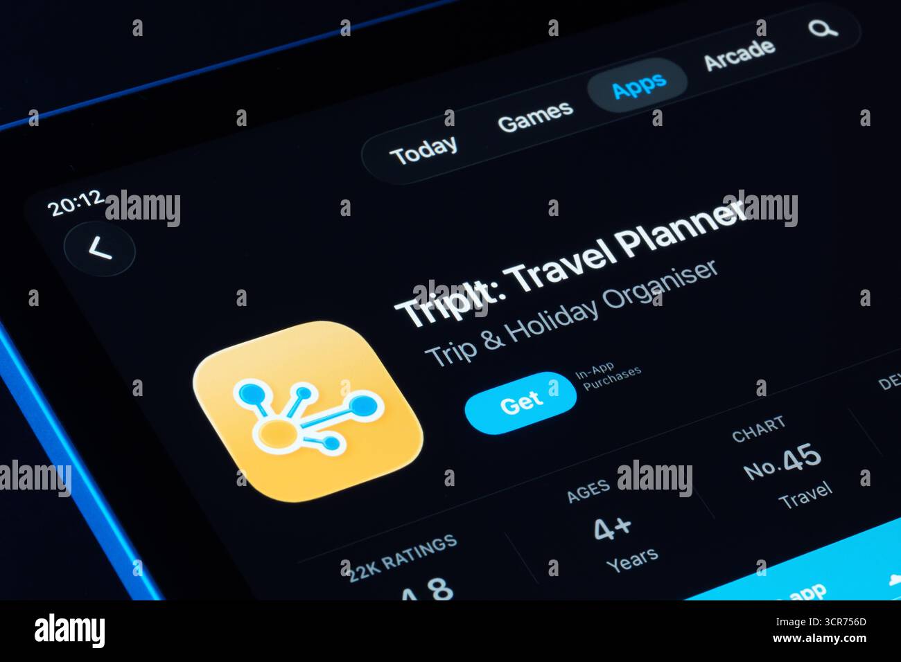 TripIt Travel Planner Produktbildschirm auf dem iPad, Apple Liquid Glass Design unter iOS 26 mit aktualisiertem Symbol und Bewertungen. Stafford, Großbritannien, September Stockfoto