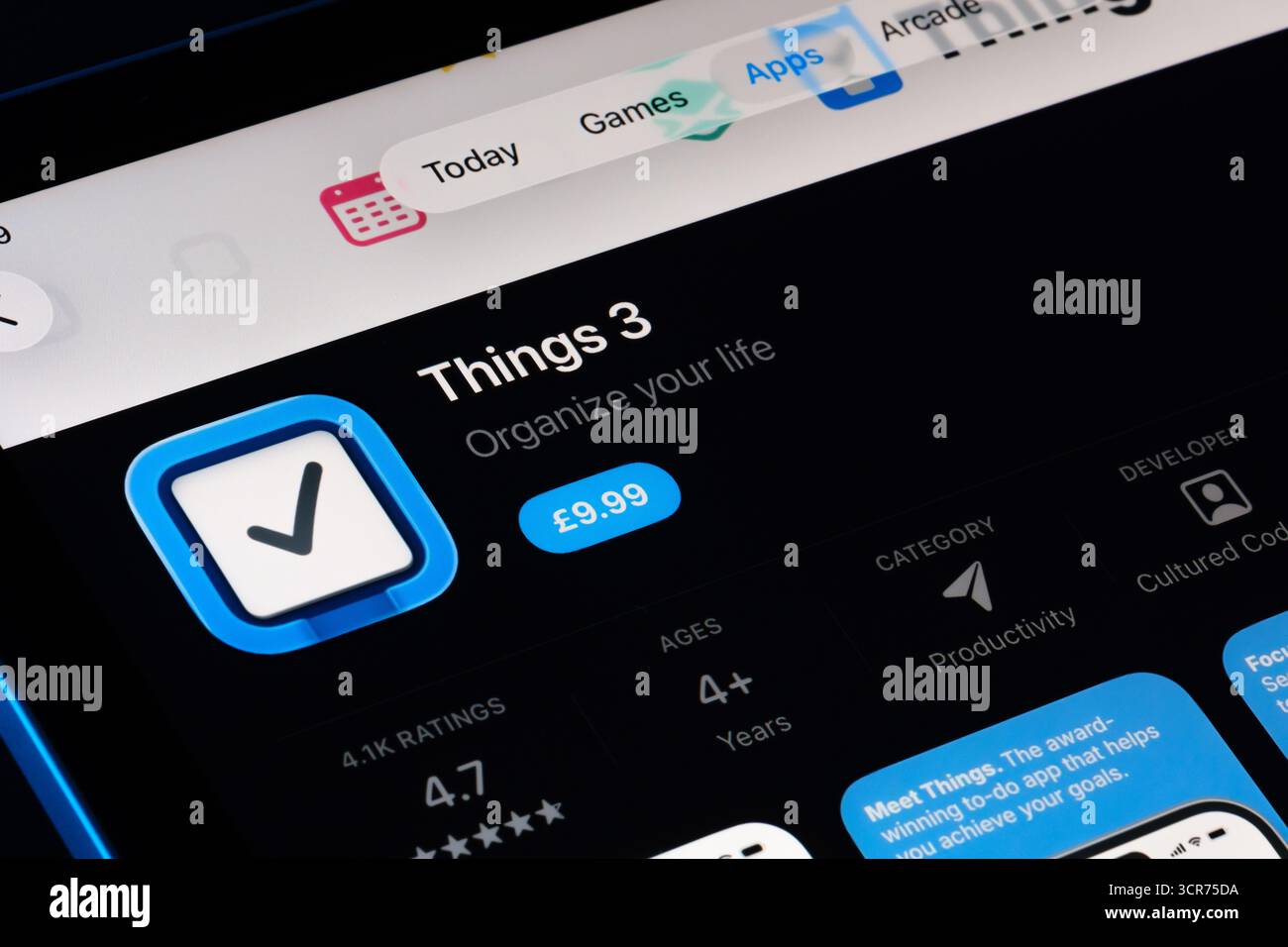 Dinge 3 im iPad App Store mit Apple Liquid Glass Design in iOS 26, aktualisierter Benutzeroberfläche und Symbol abgebildet. Stafford, Vereinigtes Königreich, 29. September 2025. Stockfoto
