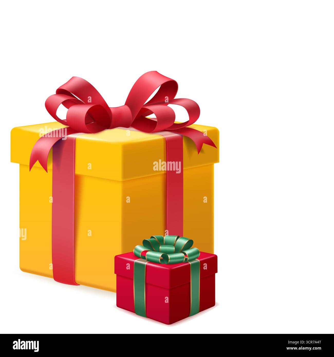 Abbildung von zwei Geschenkboxen, eine große gelbe mit rotem Band und eine kleine rote mit grünem Band, auf einem glatten weißen Hintergrund, in einem realistischen styl Stock Vektor