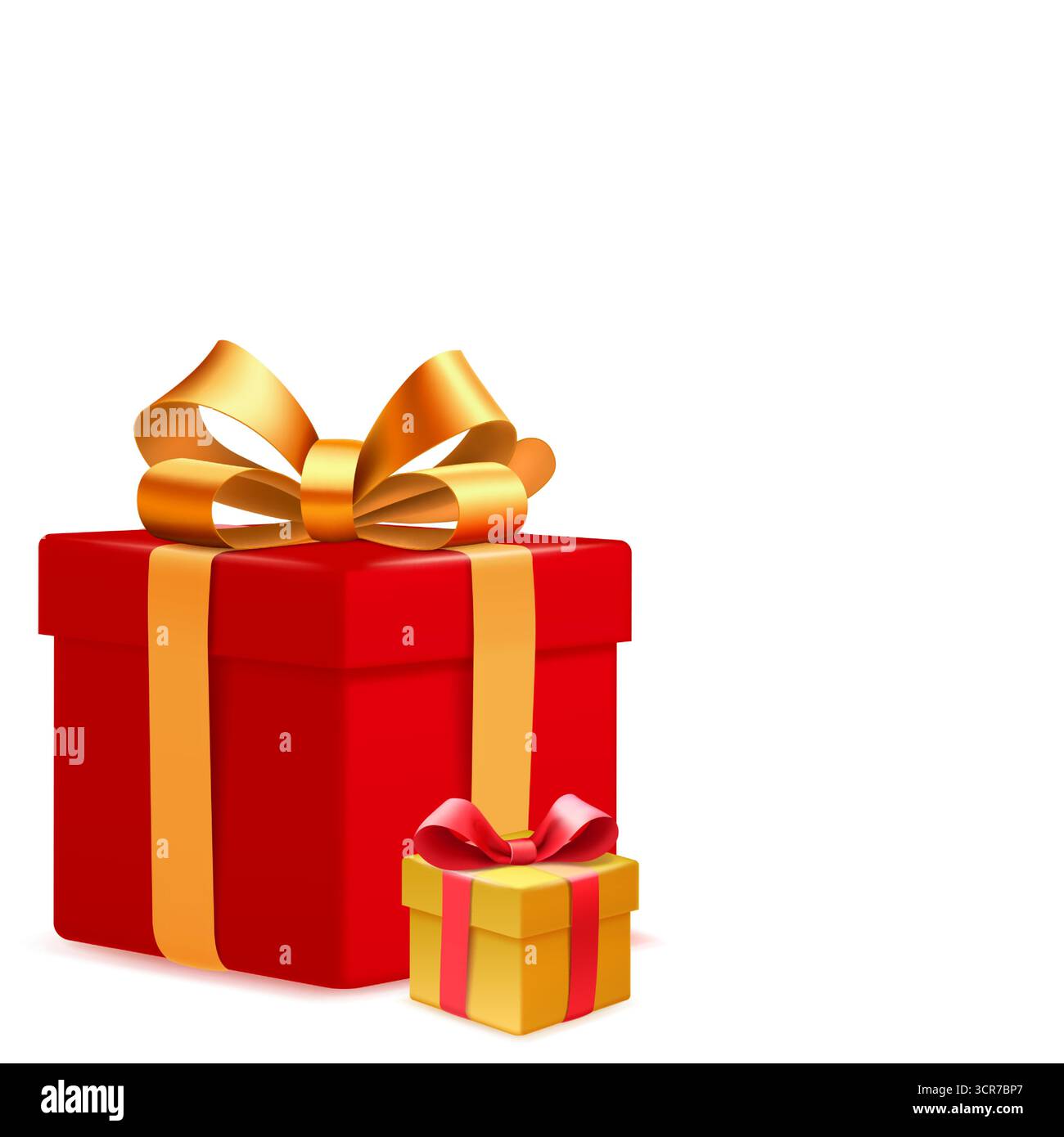 Digitale Illustration von roten und gelben Geschenkboxen mit goldenen und roten Bändern auf weißem Hintergrund. Stock Vektor