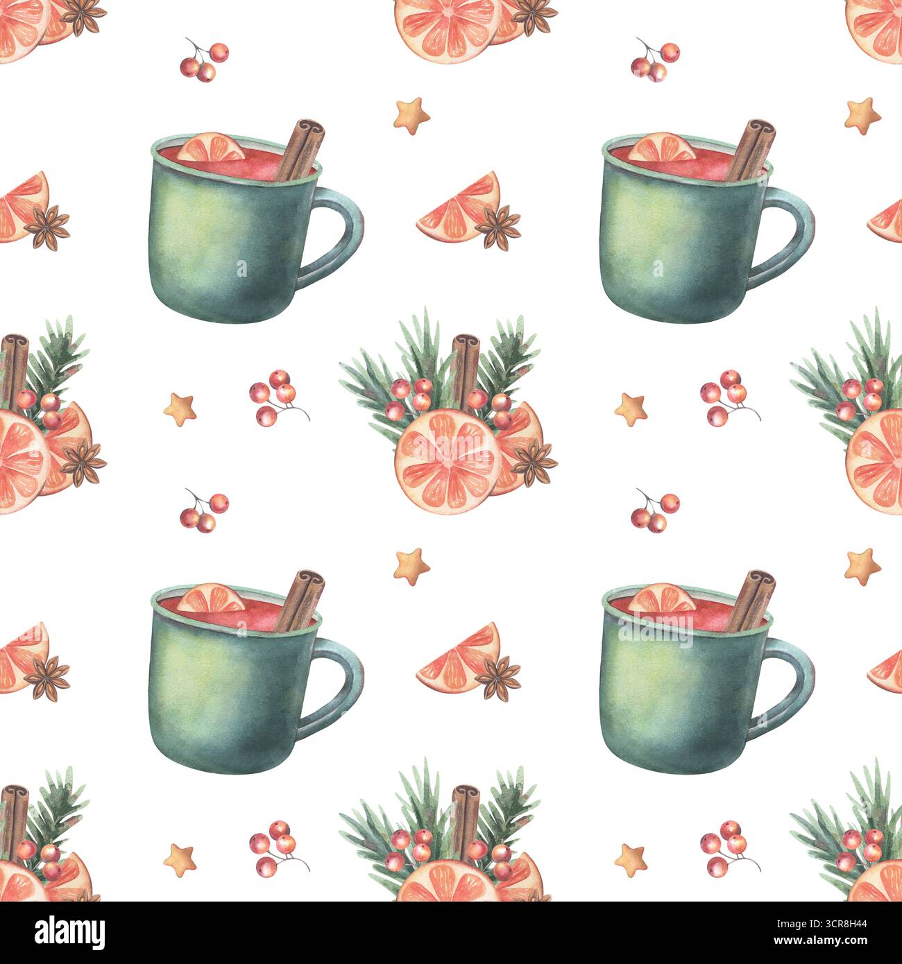 Nahtloses Urlaubsmuster mit Glühwein, Orangenscheiben, Beeren, Sternen. Handgemalte Aquarellabbildung, isoliert auf weiß für den Druck Stockfoto