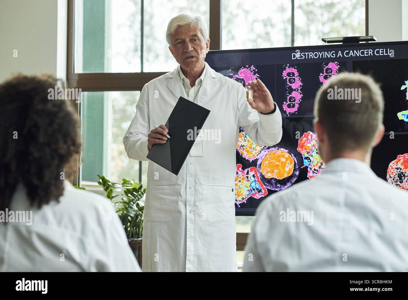 Leitender kaukasischer männlicher Arzt erklärt verschiedenen Gruppen junger Kollegen in Konferenzsitzungen den Prozess der Zerstörung von Krebszellen. Er hält einen Ordner, während er vor dem wissenschaftlichen Bildschirm steht Stockfoto