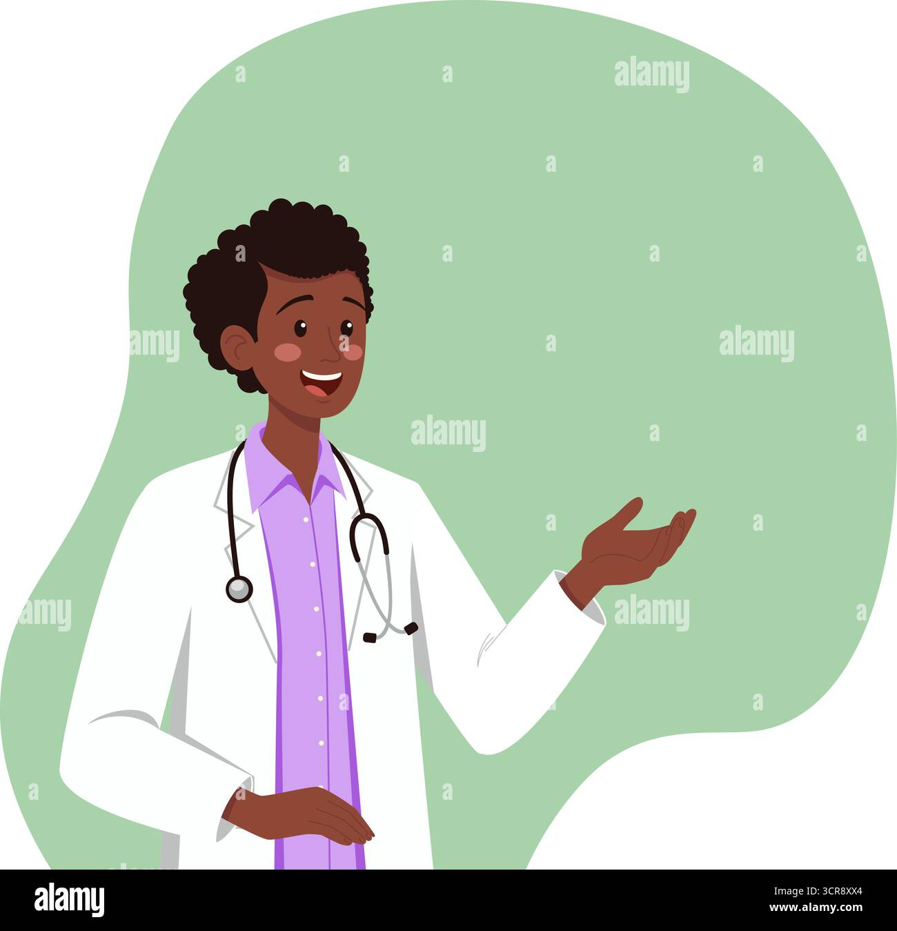Illustration einer fröhlichen Ärztin mit dunkler Haut in weißem Fell und Stethoskop, selbstbewusst mit geöffneter Handgeste stehend. Ideal für Stock Vektor