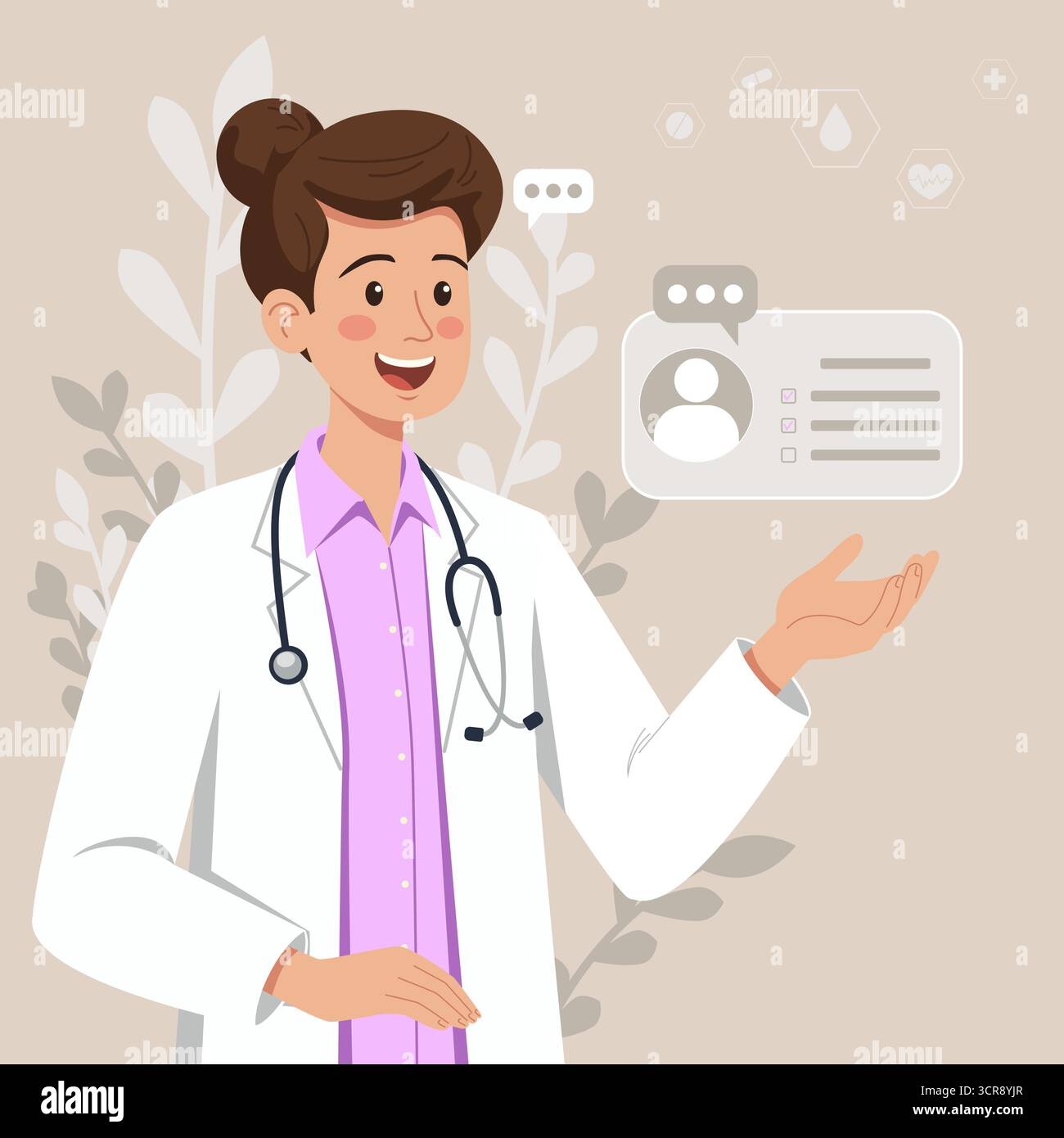 Fröhliche kaukasische Ärztin in einem weißen Labormantel mit Stethoskop, Gesten zu digitalen medizinischen Ikonen. Geeignet für Gesundheitswesen, Telemedizin, Stock Vektor