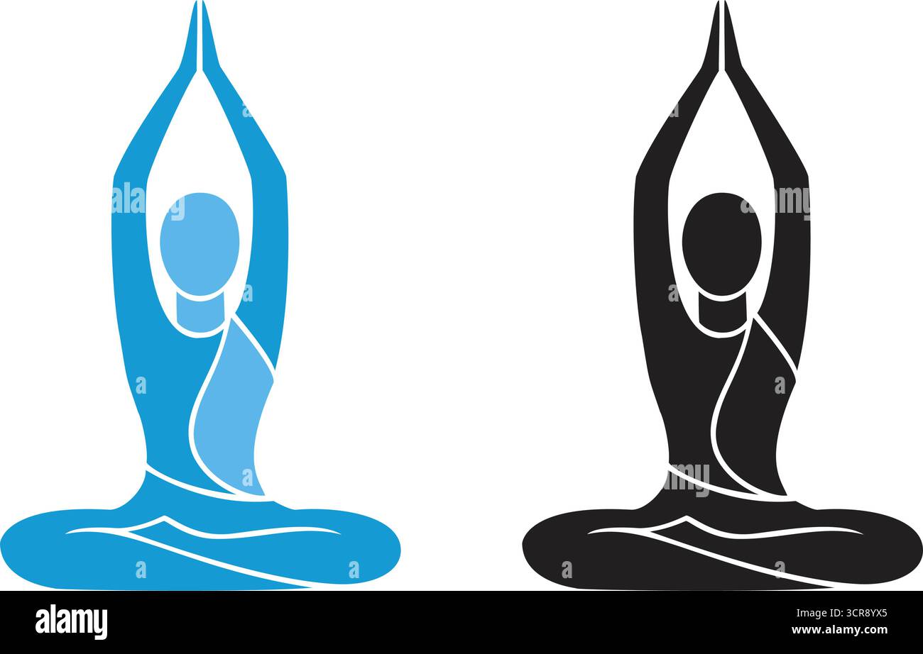 Yoga Meditation Pose Ikonen einer Person in einer meditativen Lotusposition mit erhobenen Händen, perfekt für Wellness Stock Vektor