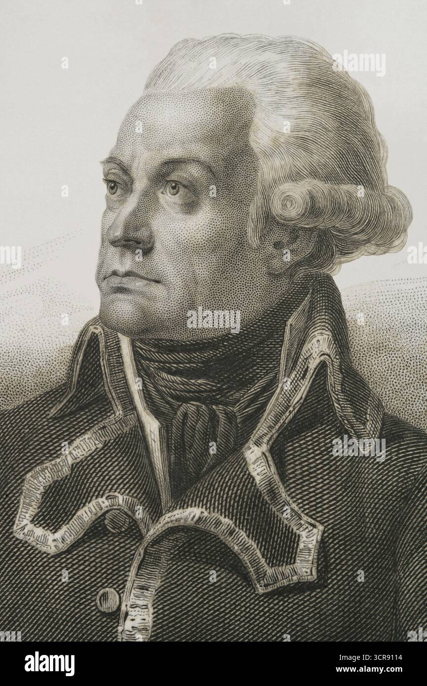 Charles Francois Dumouriez (1739-1823). Französischer General, der an den Französischen Unabhängigkeitskriegen teilnahm. Hochformat. Kupferstich von Bosselman. Details. Histoire de la Révolution Francaise (Geschichte der Französischen Revolution), von M. A. Thiers. Band II. Paris, Furne et Cie, 1845. Stockfoto