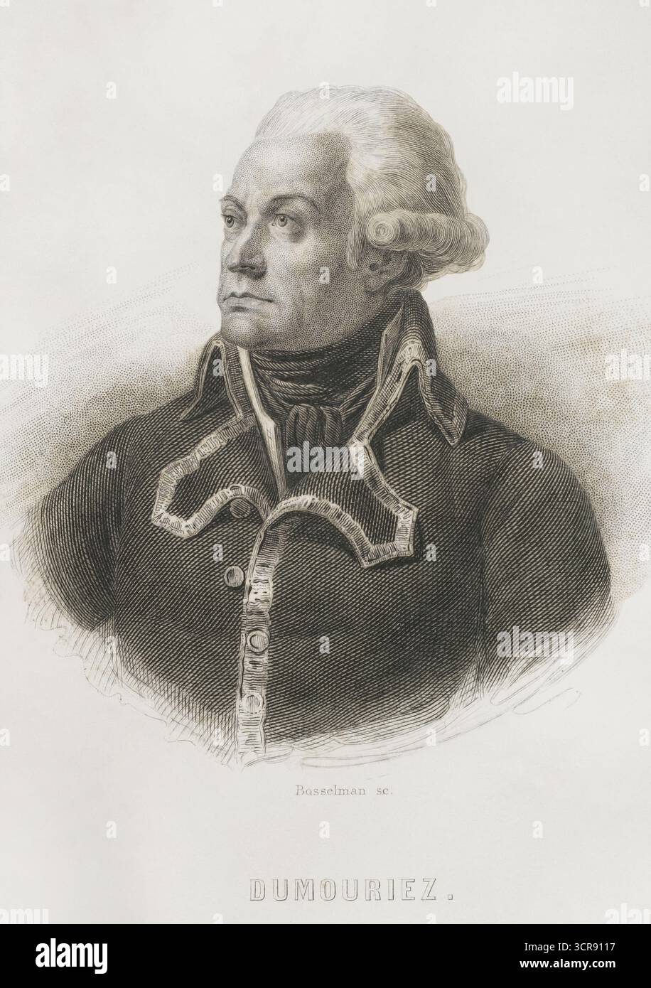 Charles Francois Dumouriez (1739-1823). Französischer General, der an den Französischen Unabhängigkeitskriegen teilnahm. Hochformat. Kupferstich von Bosselman. Histoire de la Révolution Francaise (Geschichte der Französischen Revolution), von M. A. Thiers. Band II. Paris, Furne et Cie, 1845. Stockfoto