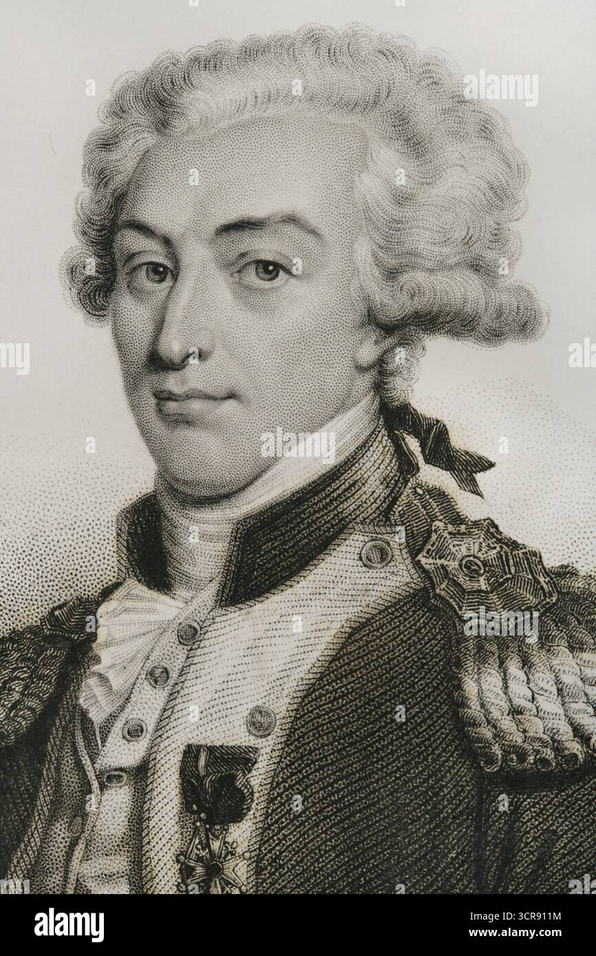 Gilbert du Motier de La Fayette, Marquis de la Fayette (1757-1834). Französischer Aristokrat, Offizier und Politiker. Er kämpfte als General gegen das britische Empire im Amerikanischen Unabhängigkeitskrieg. 1789 in die Generalstände gewählt. Hochformat. Kupferstich von Hopwood. Histoire de la Révolution Francaise (Geschichte der Französischen Revolution), von M. A. Thiers. Band II. Paris, Furne et Cie, 1845. Stockfoto