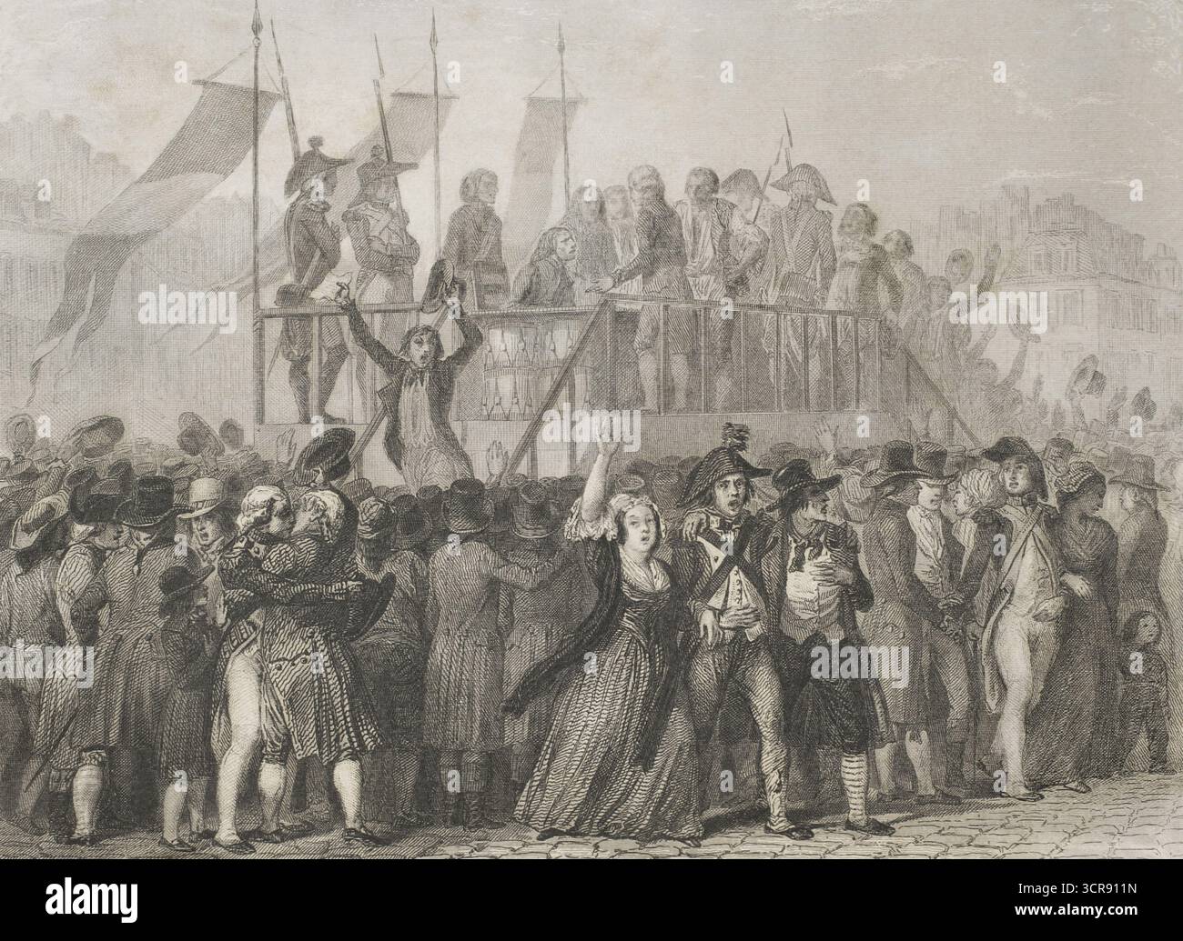 Frankreich. Die Nationalversammlung erklärte nach der Sitzung vom 11. Juli 1792 „La Patrie en Danger“ (das Heimatland in Gefahr). Es war die Antwort auf die Absicht der europäischen absoluten Monarchien, vor allem Preußen und Österreich, die Französische Revolution zu beenden. Aufnahme von Freiwilligen. Die Szene zeigt die Rekrutierung von Freiwilligen am 12. Juli 1792, einen Tag nach der Erklärung der Nationalversammlung. Zeichnung von Raffet. Stich von Burdet. Histoire de la Révolution Francaise (Geschichte der Französischen Revolution), von M. A. Thiers. Band II. Paris, Furne et Cie, 1845. Stockfoto