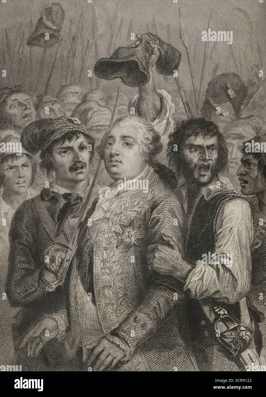 Französische Revolution. Paris. Am 20. Juni 1792 Griff die Menge den Tuilerien-Palast an, in dem König Ludwig XVI. (1754–1793) Zuflucht suchte. Der König bedrohte die Mafia und musste die Phrygische Mütze anziehen. Zeichnung von Raffet. Stich von Burdet. Histoire de la Révolution Francaise (Geschichte der Französischen Revolution), von M. A. Thiers. Band II. Paris, Furne et Cie, 1845. Stockfoto