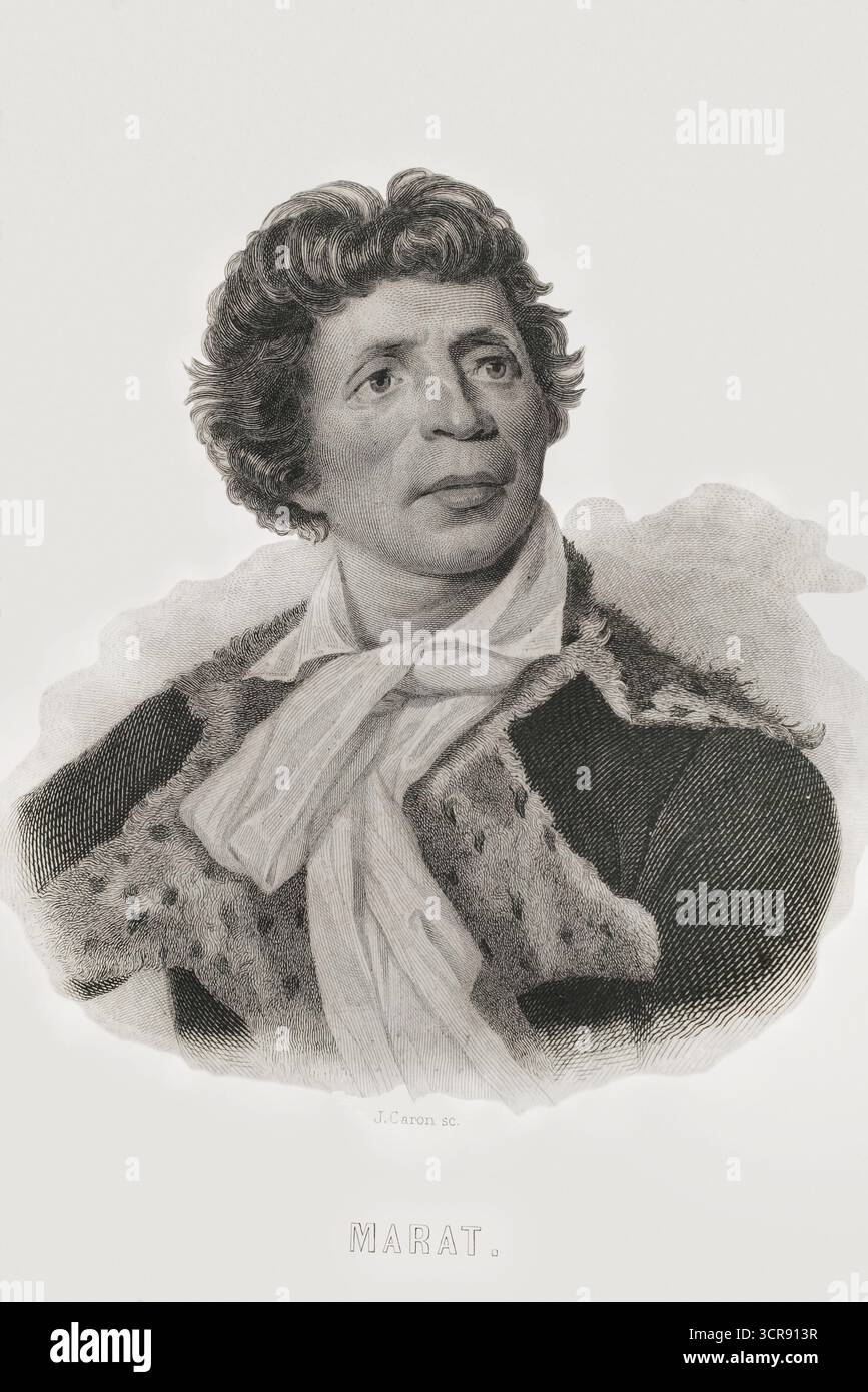 Jean-Paul Marat (1743-1793). Französischer Wissenschaftler und Arzt, der während der Französischen Revolution zu einem wichtigen Politiker wurde. Jakobiner Führer, er verteidigte den Terror. Hochformat. Gravur von Caron. Histoire de la Révolution Francaise (Geschichte der Französischen Revolution), von M. A. Thiers. Band III. Paris, Furne et Cie, 1845. Stockfoto