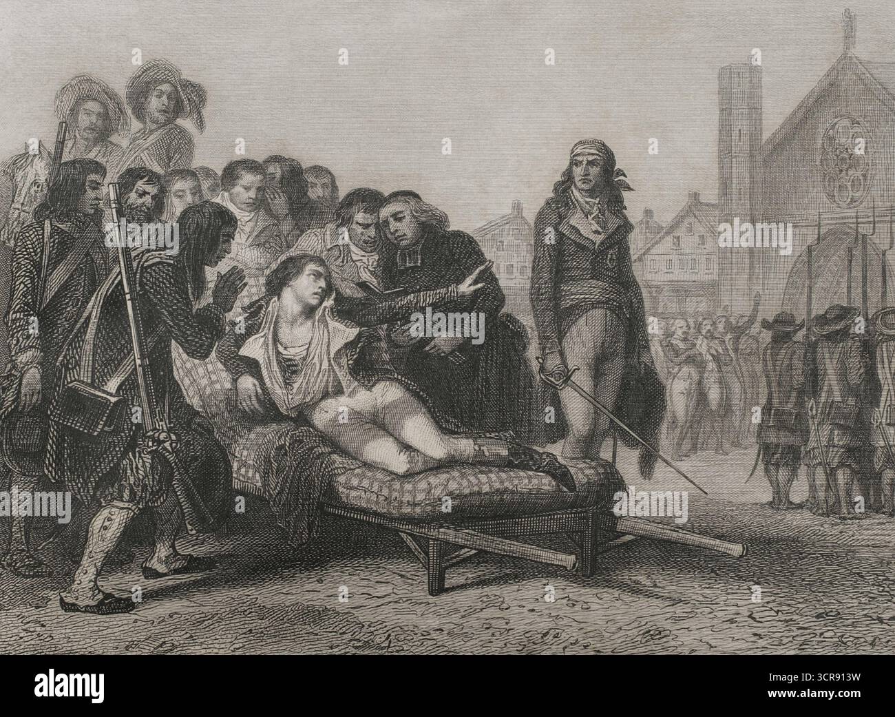 Charles de Bonchamps (Charles-Melchior Artus de Bonchamps) (1760-1793). Marquis de Bonchamps. Französischer Politiker und Militär. General der katholischen und königlichen Armee von Vendée während der Französischen Revolution. Der Tod von Bonchamps. Am 17. Oktober 1793, während der zweiten Schlacht von Cholet, wurde Bonchamps schwer verwundet und starb am folgenden Tag. Zeichnung von Raffet. Stich von Burdet. Histoire de la Révolution Francaise (Geschichte der Französischen Revolution), von M. A. Thiers. Band V. Paris, Furne et Cie, 1845. Stockfoto