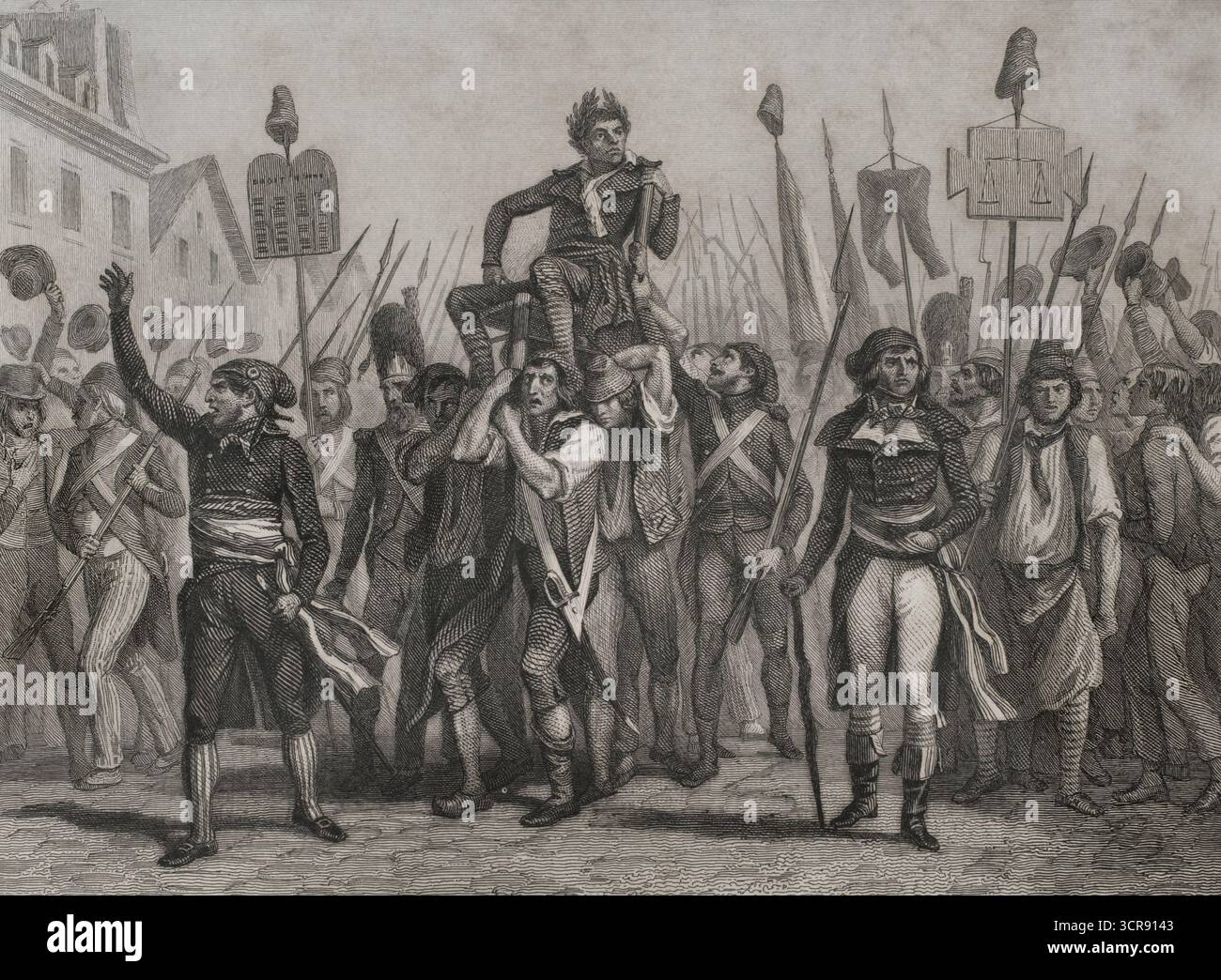 Jean-Paul Marat (1743-1793). Französischer Wissenschaftler und Arzt, der während der Französischen Revolution zu einem wichtigen Politiker wurde. Jakobiner Führer, er verteidigte den Terror. Triumph von Marat, 24. April 1793. Zeichnung von Raffet. Stich von Girardet. Histoire de la Révolution Francaise (Geschichte der Französischen Revolution), von M. A. Thiers. Band IV. Paris, Furne et Cie, 1845. Stockfoto