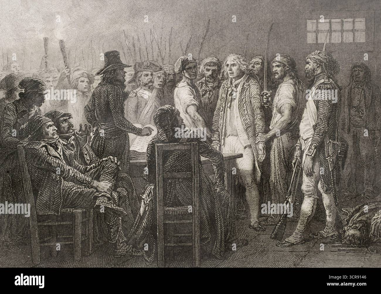 Französische Revolution. September-Massaker (2. Bis 6. September 1792). Die Revolutionäre führten Massenmorde unter der Gefängnisbevölkerung in ganz Frankreich, hauptsächlich in Paris, durch. Der französische Revolutionär Stanislas-Marie Maillard (1763–1794) leitet ein Tribunal, das beschließt, welche Gefangenen als Feinde der Revolution guillotiniert werden sollen, 2-3. September 1792. Zeichnung von Raffet. Stich von Burdet. Histoire de la Révolution Francaise (Geschichte der Französischen Revolution), von M. A. Thiers. Band II. Paris, Furne et Cie, 1845. Stockfoto