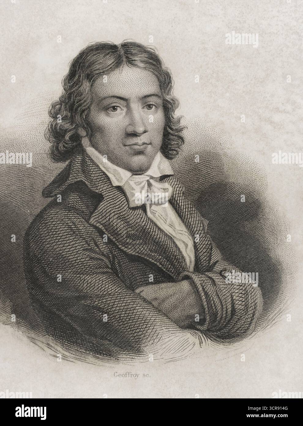 Camille Desmoulins (1760-1794). Französischer Journalist und Politiker, prominente Persönlichkeit während der Französischen Revolution. Trotz seiner Radikalität kritisierte er extreme Gewalt während der Herrschaft des Terrors. Desmoulins wurde am 31. März 1794 verhaftet und im luxemburgischen Gefängnis (Luxemburger Palast in Paris) inhaftiert, vom Revolutionsgericht zum Tode verurteilt und am 5. April durch Guillotine hingerichtet. Hochformat. Kupferstich von Geoffroy. Histoire de la Révolution Francaise (Geschichte der Französischen Revolution), von M. A. Thiers. Band V. Paris, Furne et Cie, 1845. Stockfoto