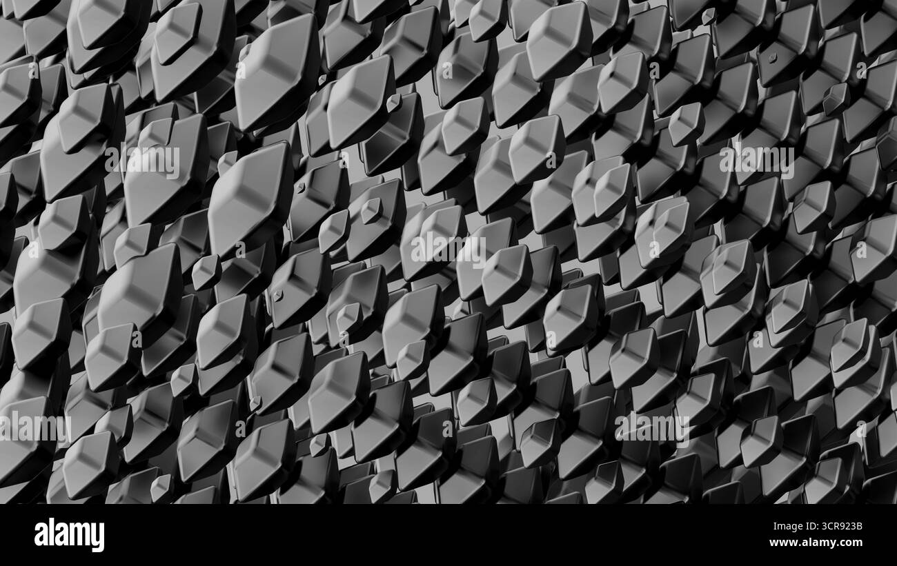 Komplexe graue geometrische Formen, die bei Tageslicht in regelmäßigen Mustern auf einer leuchtenden Oberfläche angeordnet sind Stockfoto