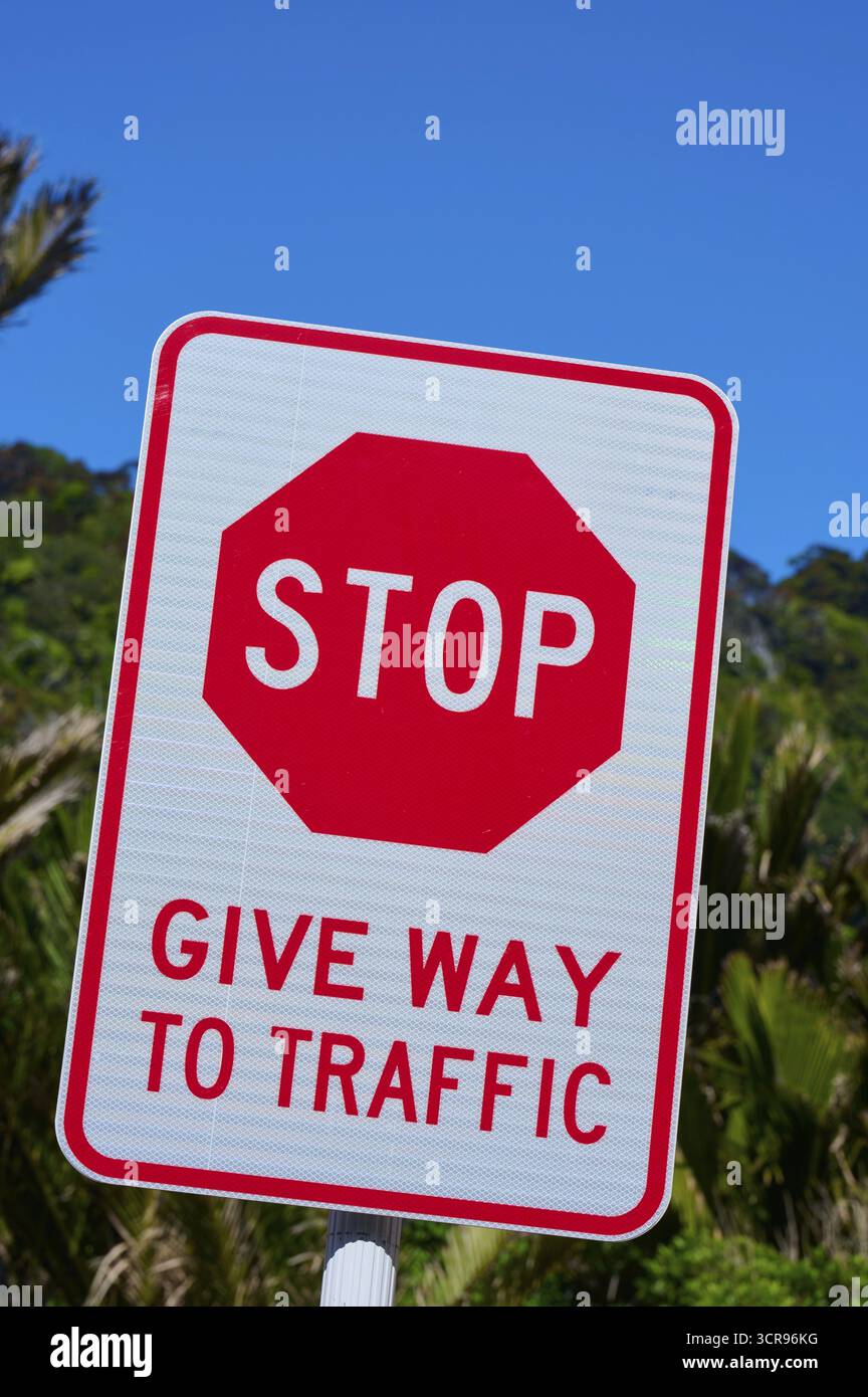 Stoppschild, das auf einer Straße unter einem klaren blauen Himmel den Weg gibt, Pancake Rocks, Westport, Greymouth, Westküste, Südinsel, Neuseeland Stockfoto
