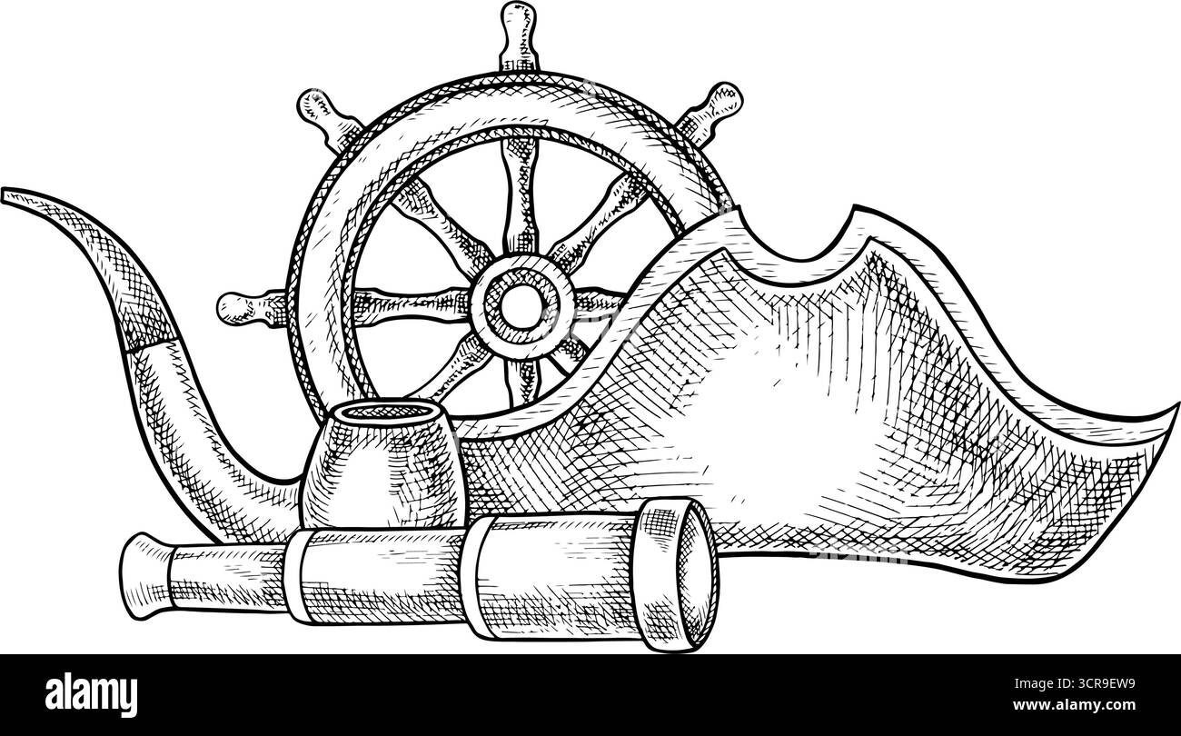 Mittelalterliche Seereise. Schwarzweiß-Grafiken, Vektorillustration. Handgezeichnet. Eine alte Kanone und ein Schiffsrad, ein Tricornhut und ein Spionenglas. Für Stock Vektor