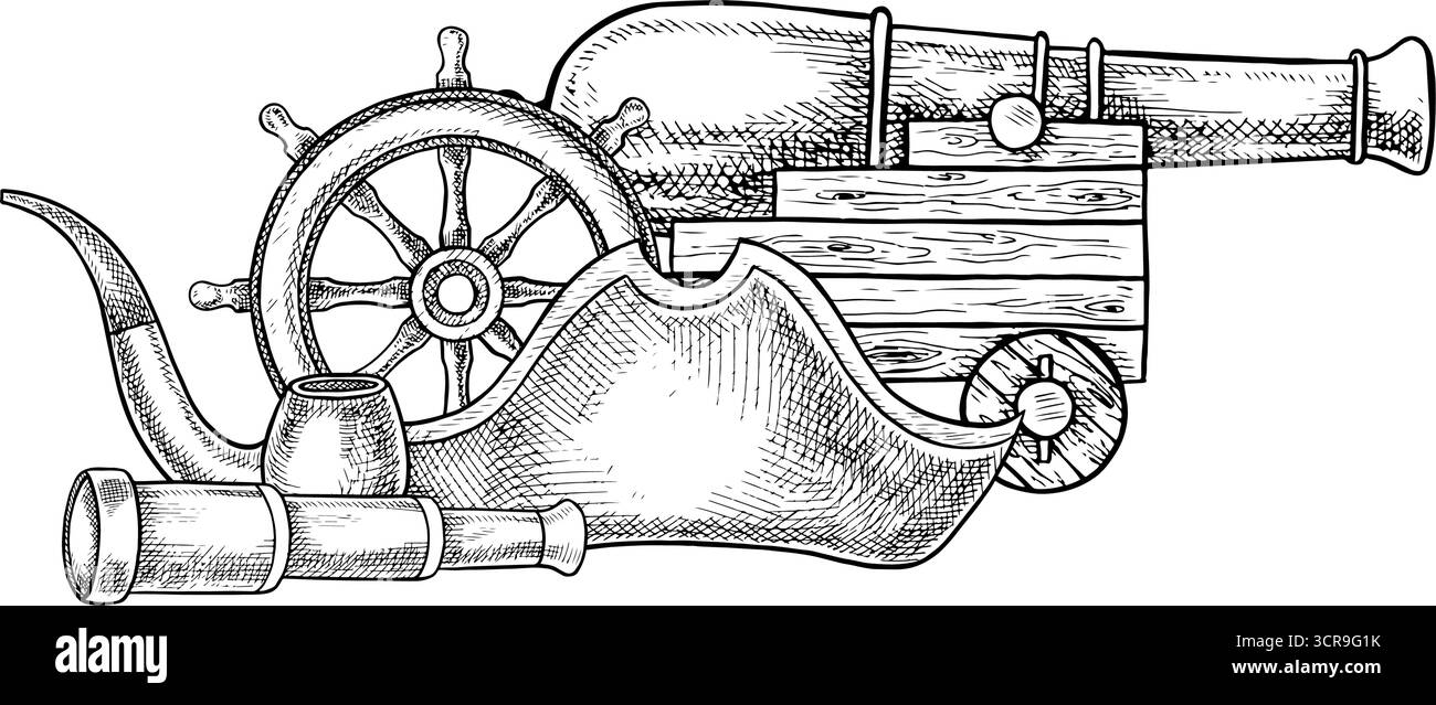 Mittelalterliche Seereise. Schwarzweiß-Grafiken, Vektorillustration. Handgezeichnet. Eine alte Kanone und ein Schiffsrad, ein Tricornhut und ein Spionenglas. Für Stock Vektor