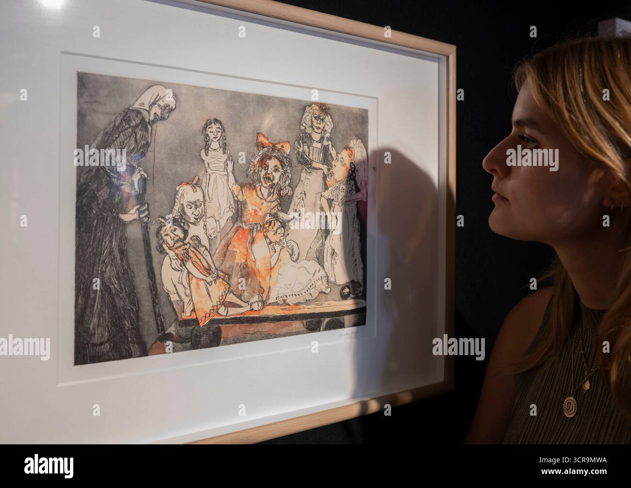 Bonhams, London, Großbritannien. 30. September 2025. Der Verkauf von „Blazing a Trail“, Modern British Women Artists Works endet am 1. Oktober 2025. Höhepunkte sind: Dame Paula Rego R.A. (1935-2022). Death Goes Shopping, geschätzte £3.000-5.000. Quelle: Malcolm Park/Alamy Live News Stockfoto