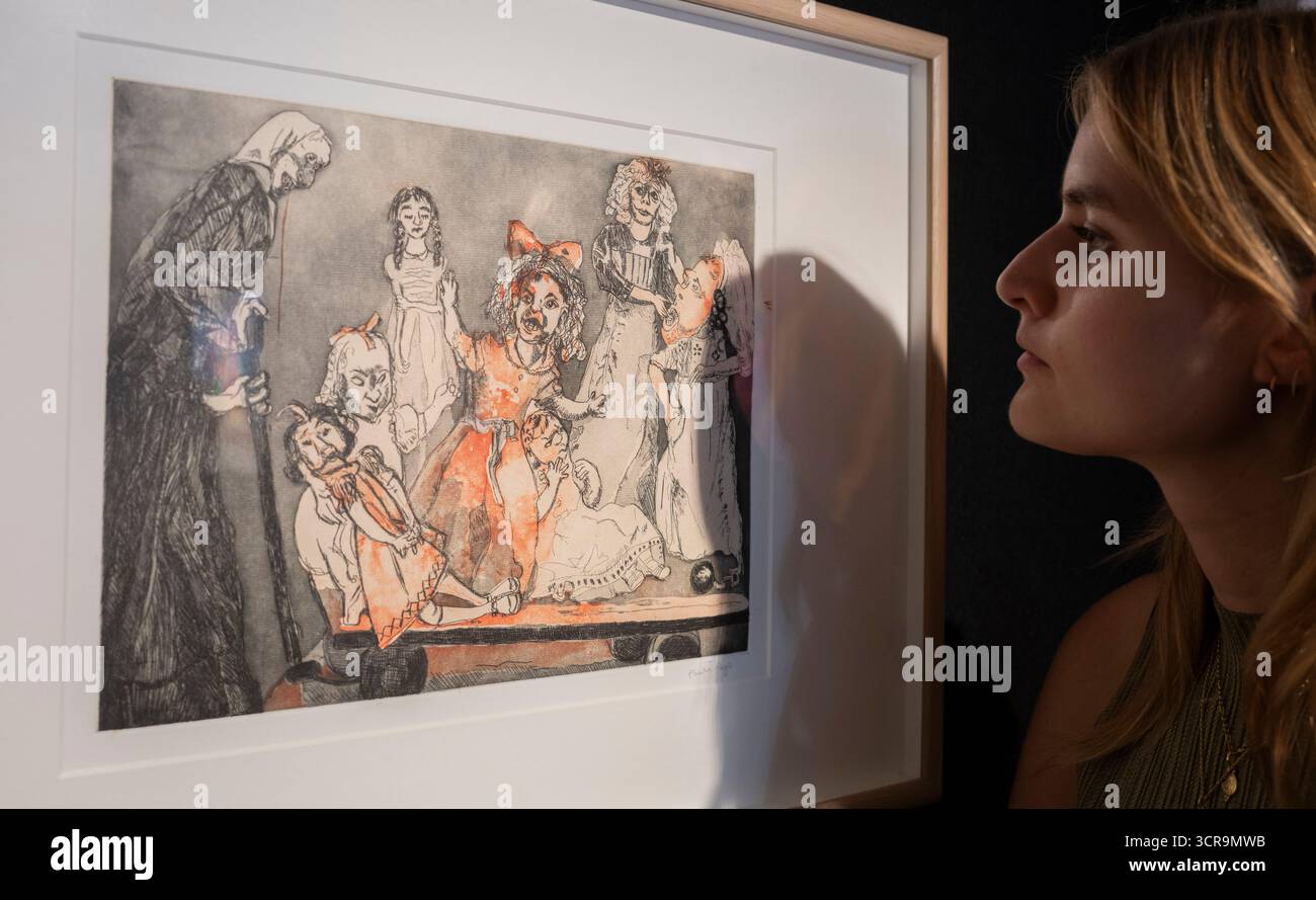 Bonhams, London, Großbritannien. 30. September 2025. Der Verkauf von „Blazing a Trail“, Modern British Women Artists Works endet am 1. Oktober 2025. Höhepunkte sind: Dame Paula Rego R.A. (1935-2022). Death Goes Shopping, geschätzte £3.000-5.000. Quelle: Malcolm Park/Alamy Live News Stockfoto